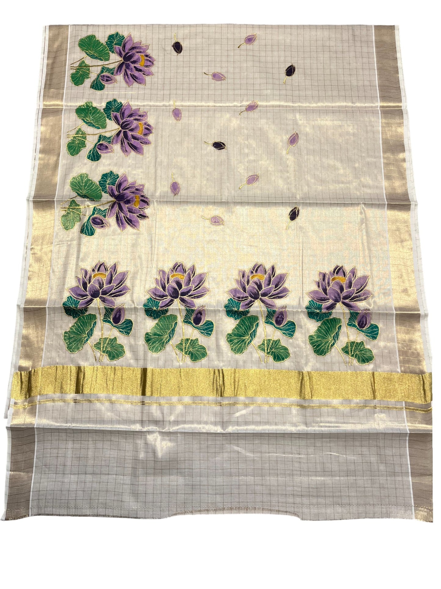 Southloom Tissue Check Kerala Kasavu Saree with Hand Painted Embroidery Violet Lotus Design