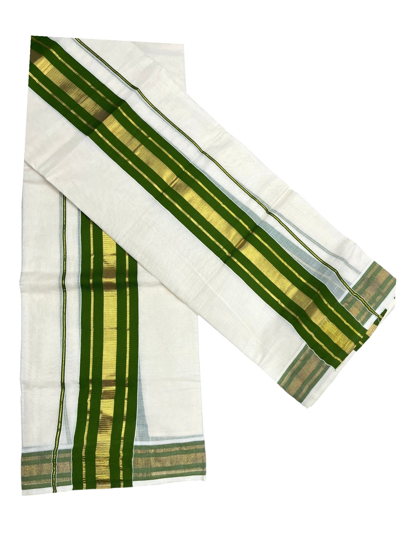 Southloom Kerala Cotton Single Set Mundu (Mundum Neriyathum) with Kasavu and Olive Green Border in 2.80 Mtrs SLKK