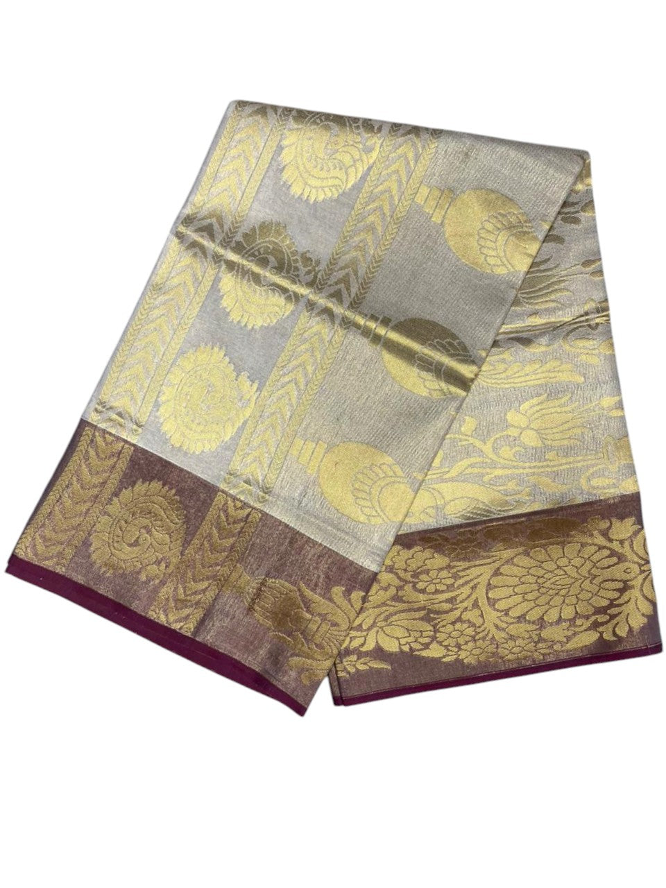 Southloom  Kerala Tissue Kasavu Heavy Work Saree with Peacock Design And Maroon Border SL483