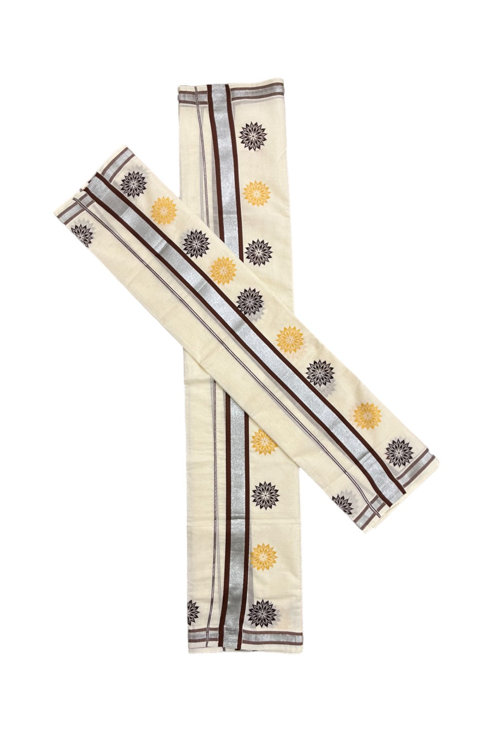 Kerala Cotton Mundum Neriyathum Single (Set Mundu) with Brown Golden Floral Block Prints in Brown Silver Kasavu Border