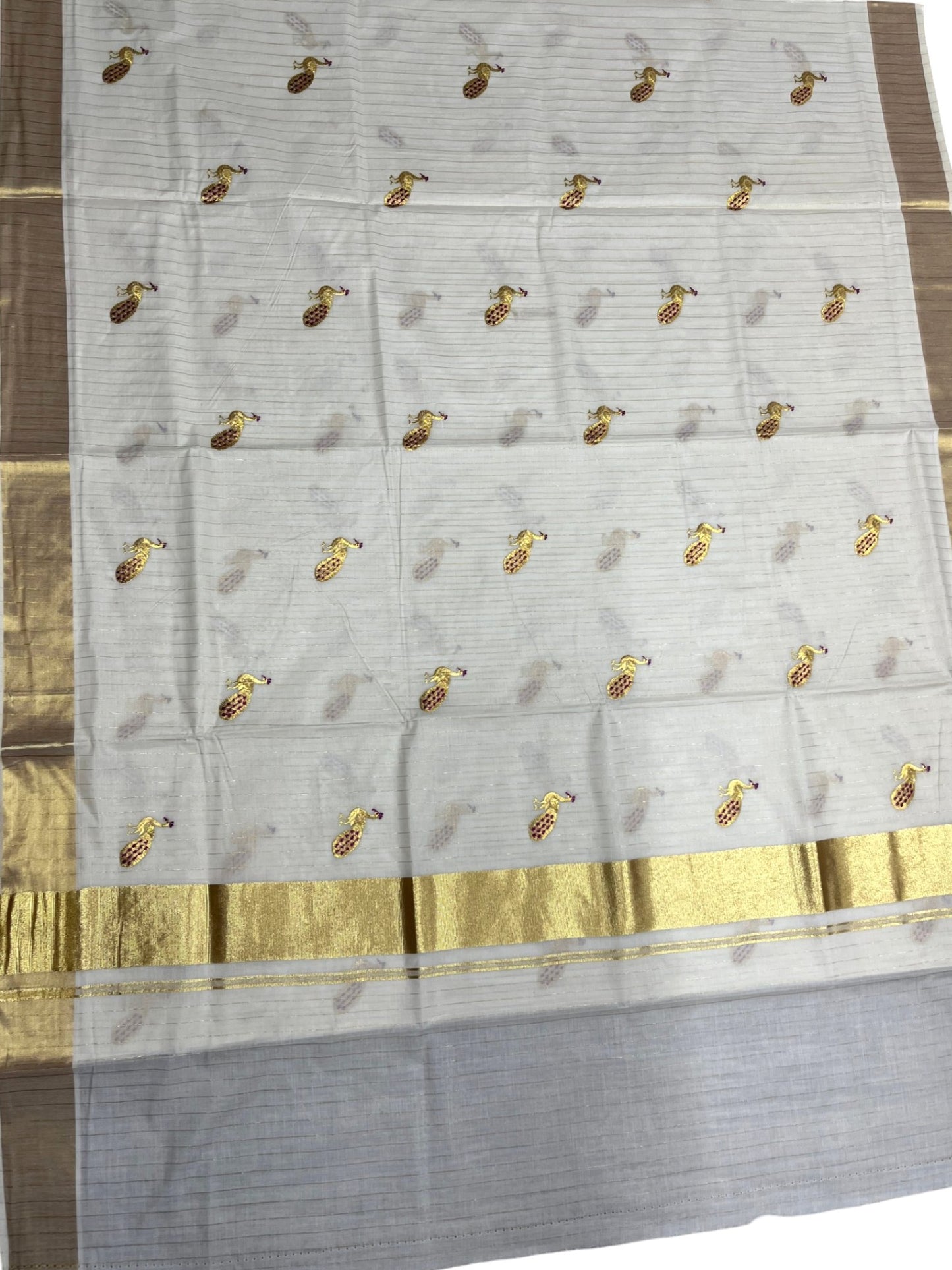 Southloom Cotton Kerala Kasavu Lines Saree with Peacock Embroidery Work on Body in Magenta