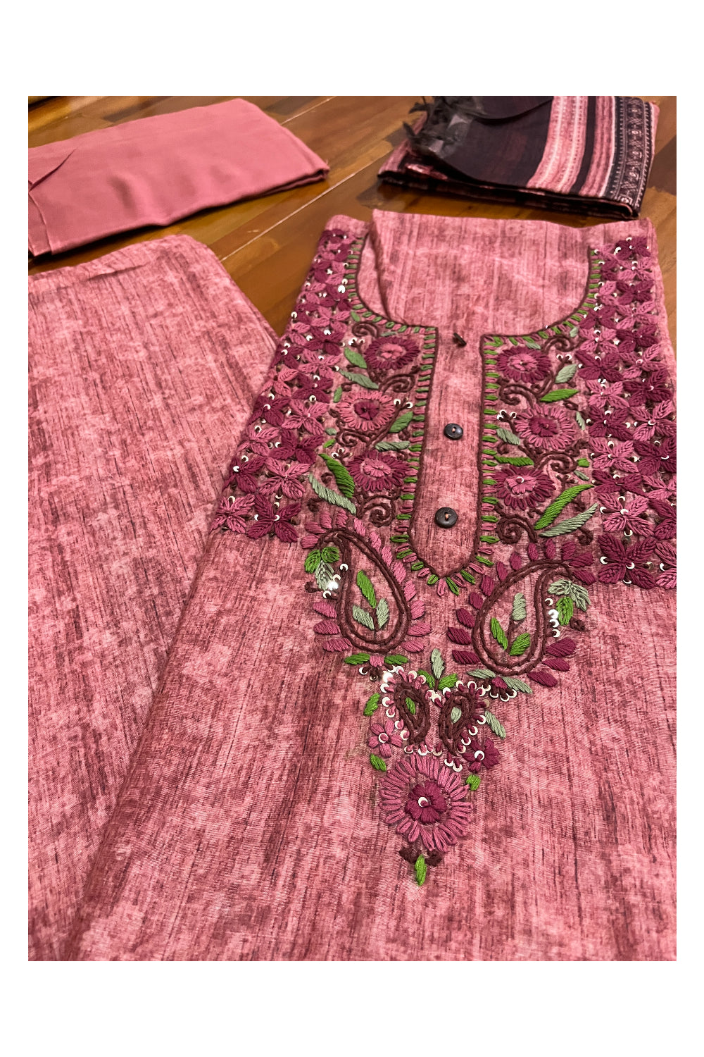 Southloom™ Semi Tussar Churidar Salwar Suit Material in Dark Red with Floral Thread Works