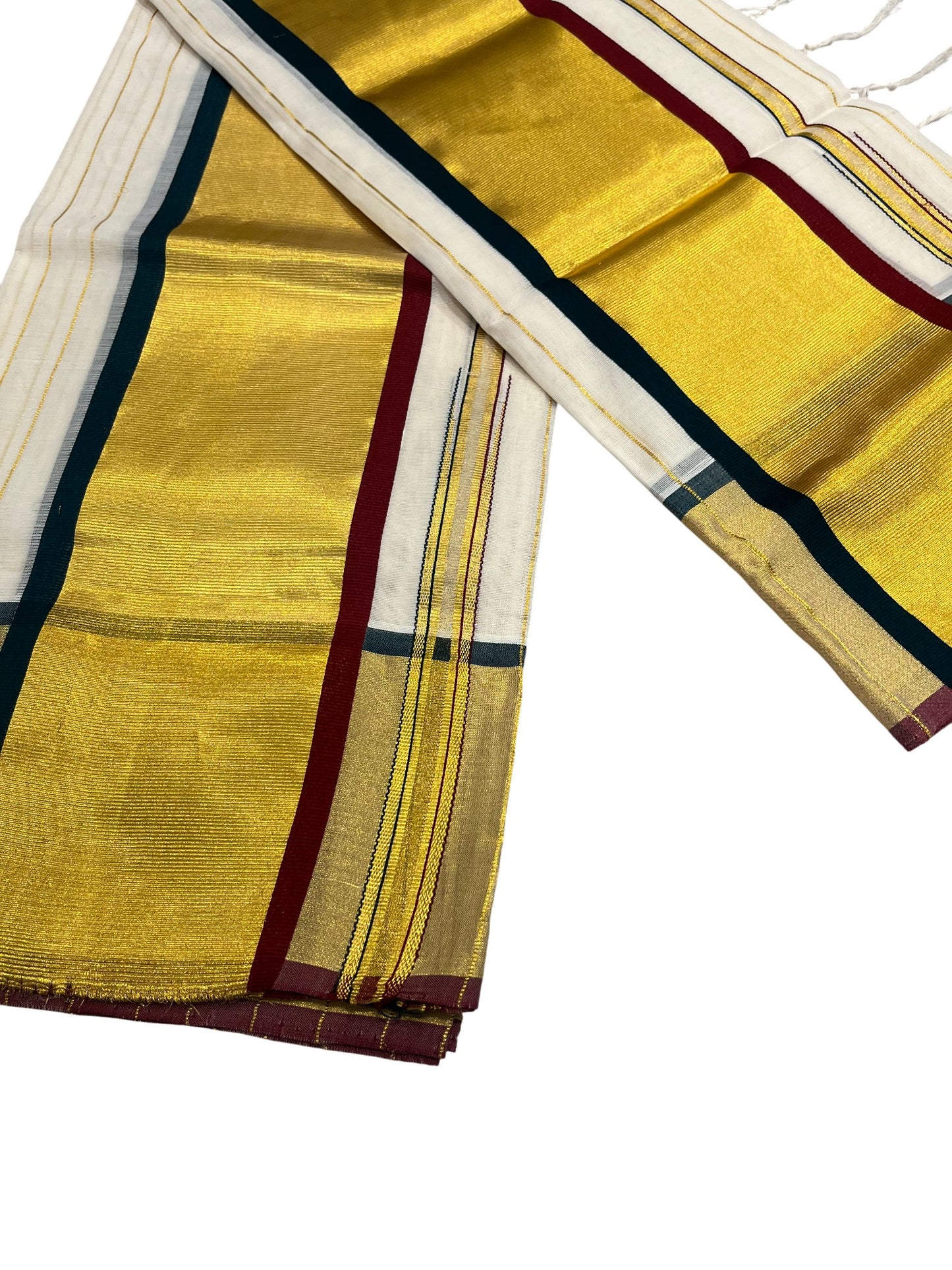 Southloom Premium Handloom Set Mundu with Kasavu and Maroon and Green Border (2.80 Mtr)