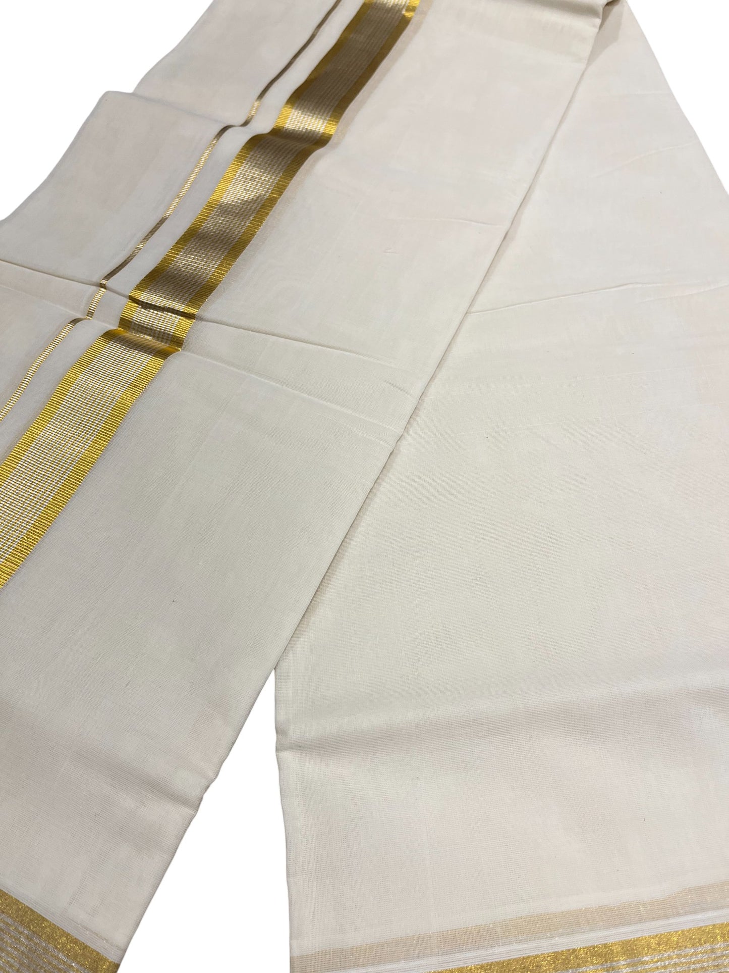 Southloom Premium Handloom Cotton Double Mundu with Gold And Silver Lines Kasavu Border