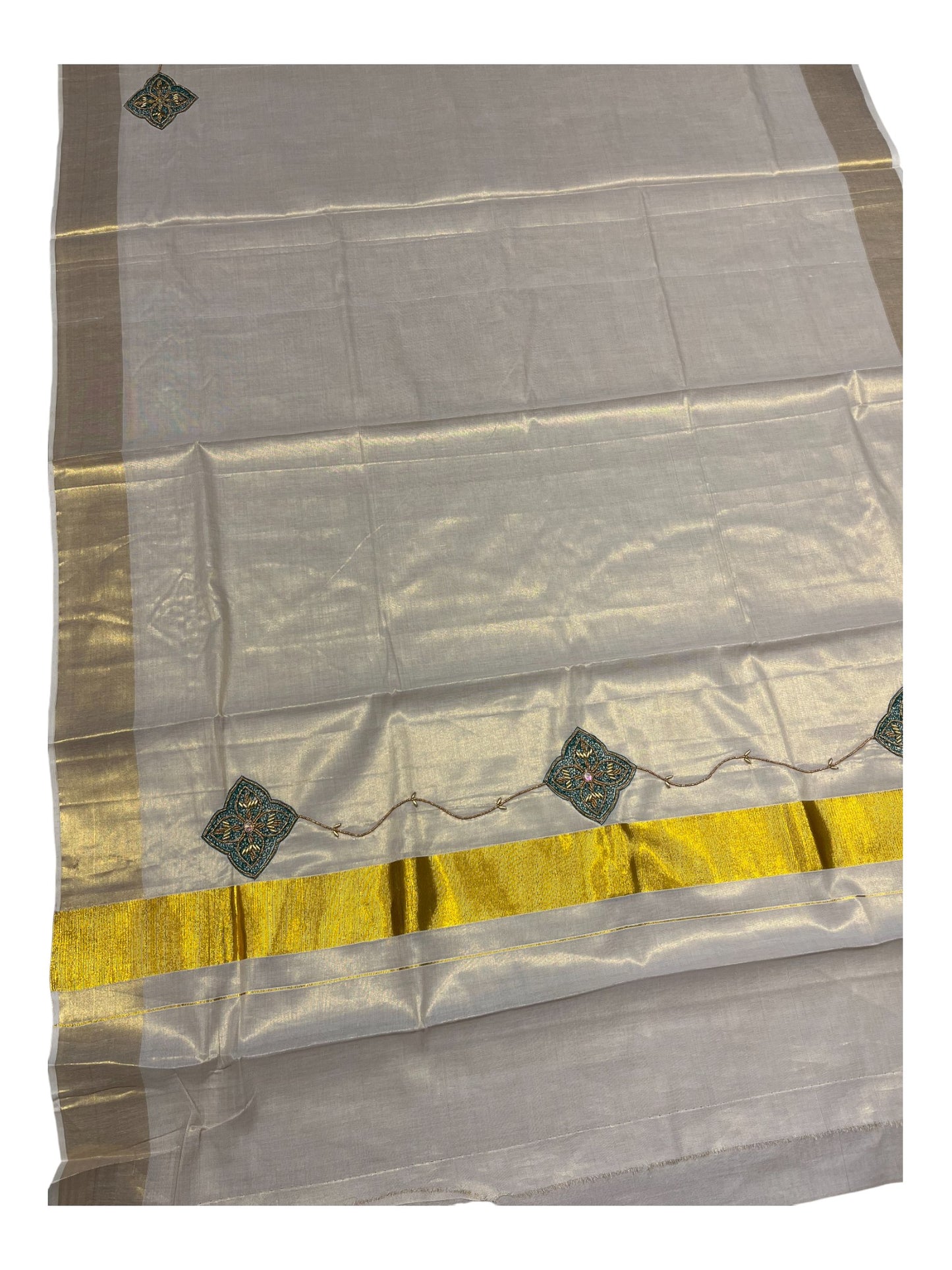Kerala Tissue Kasavu Saree with Floral Embroidery and Sequins Work on Body