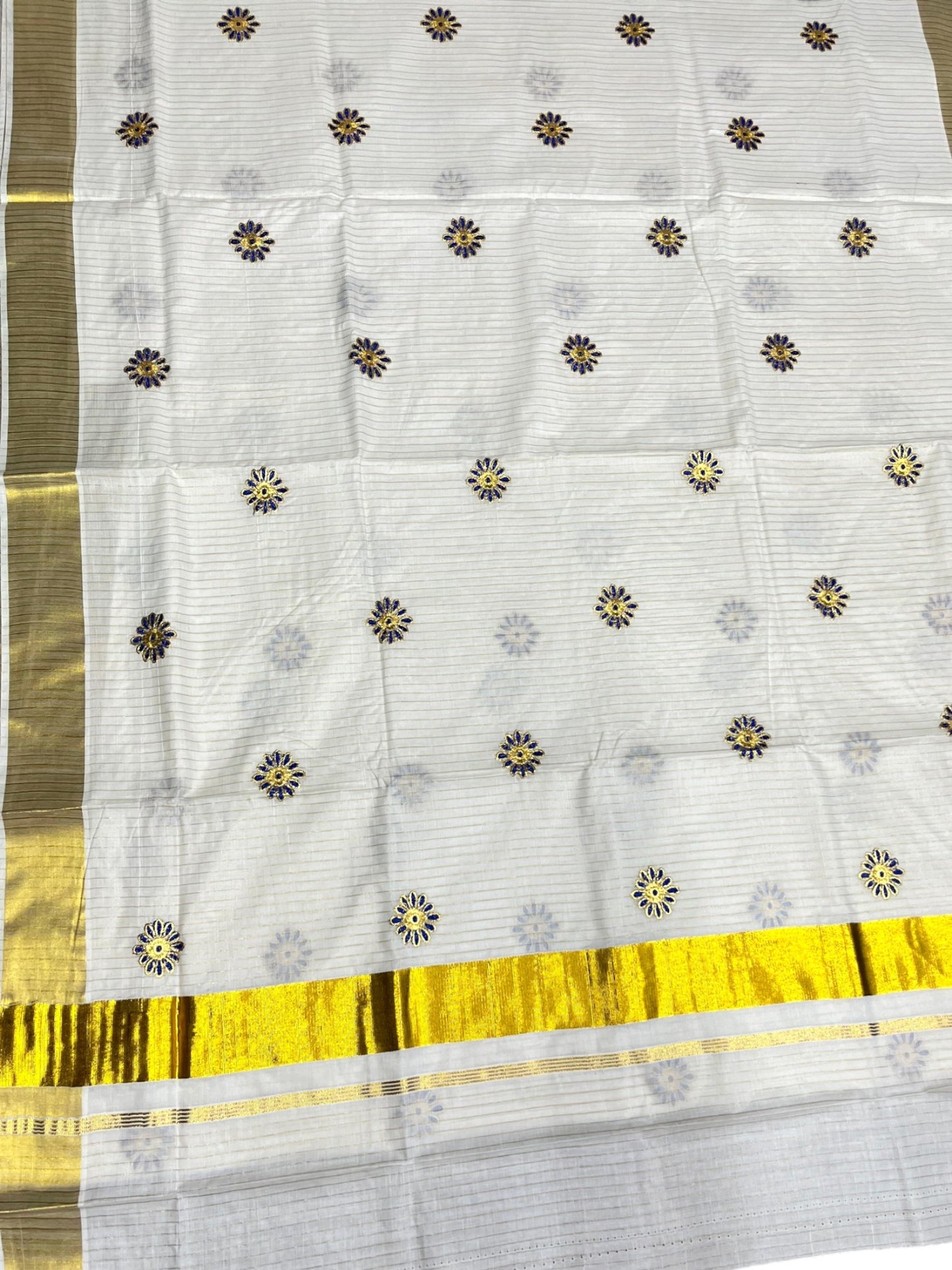 Southloom Cotton Kerala Kasavu Lines Saree with Floral Embroidery Design in Blue
