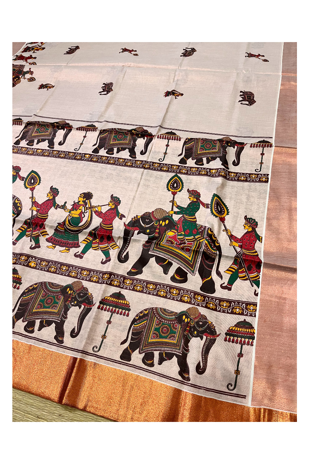 Kerala Copper Tissue Kasavu Saree With Mural Festival Parasol and Elephant Design (include Printed Running Blouse)