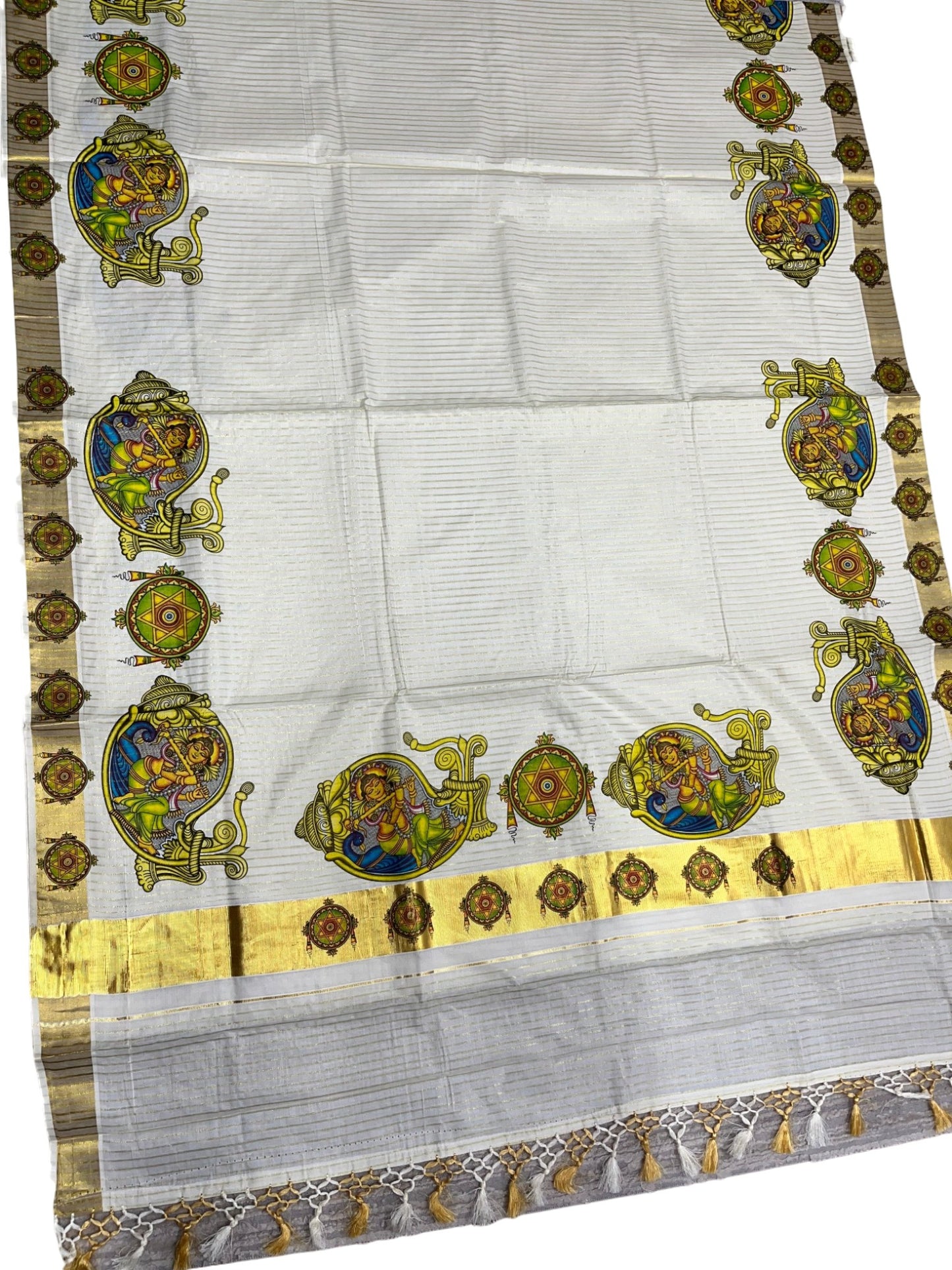 Southloom Pure Cotton Kerala Kasavu Lines Saree with Krishna Mural Printed Art Design and Printed Border