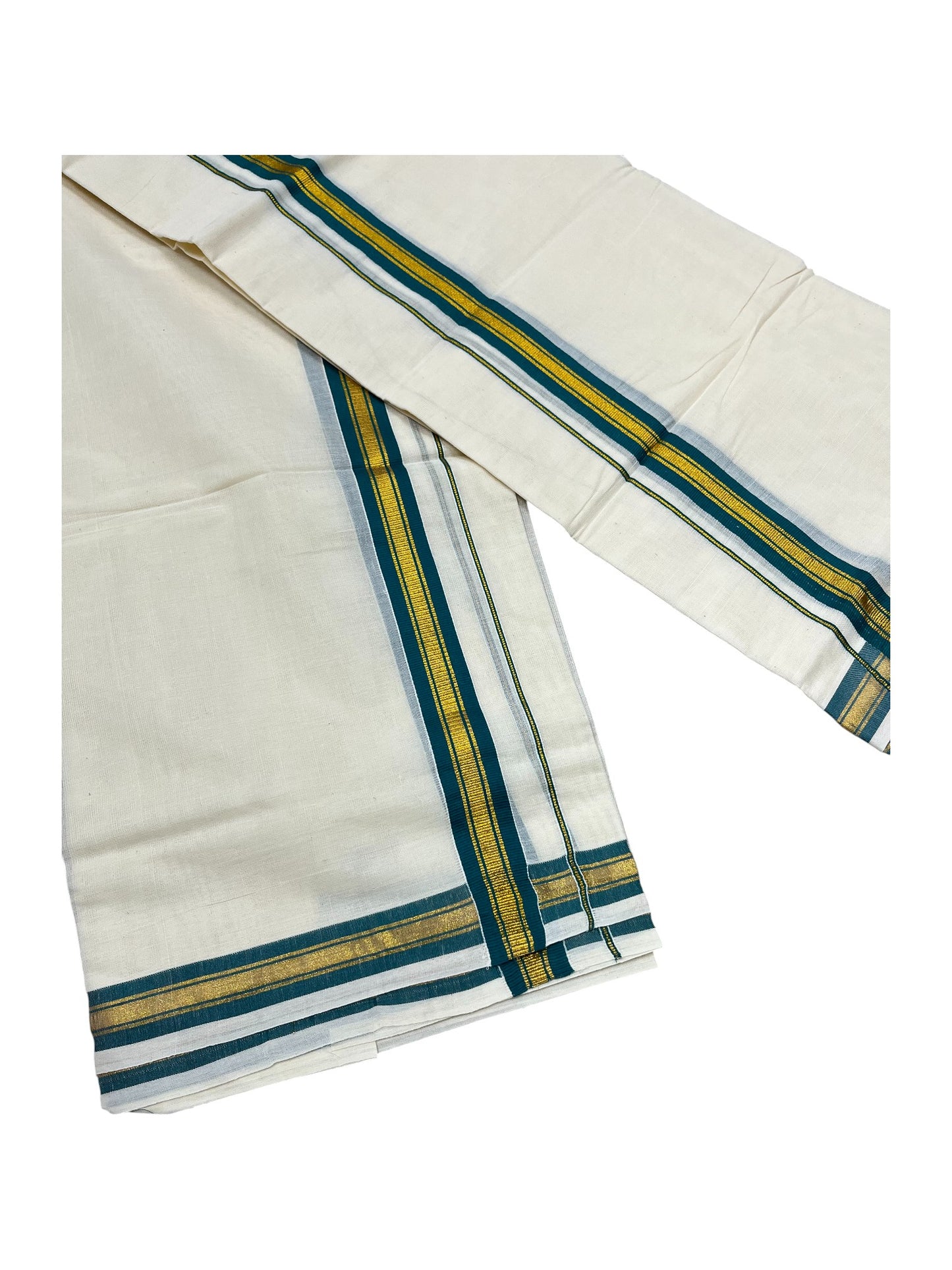 Pure Cotton Kerala Single Set Mundu (Mundum Neriyathum) with Peacock Green Kasavu Border in 2.80 Mtrs
