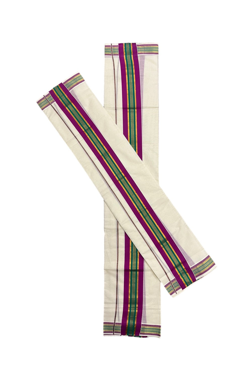 Kerala Cotton Kasavu Set Mundu (Mundum Neriyathum) with Magenta and Green Border 2.80 Mtrs