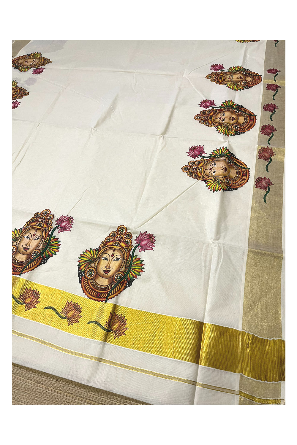 Pure Cotton Kerala Kasavu Saree with Krishna Mural Printed Design (Onam Saree 2023)