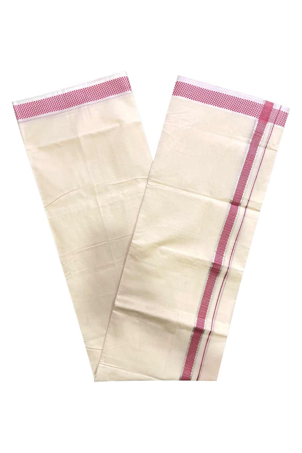 Kerala Pure Cotton Silver Kasavu Double Mundu with Pink Woven Border (Vishu 2024 Collection)