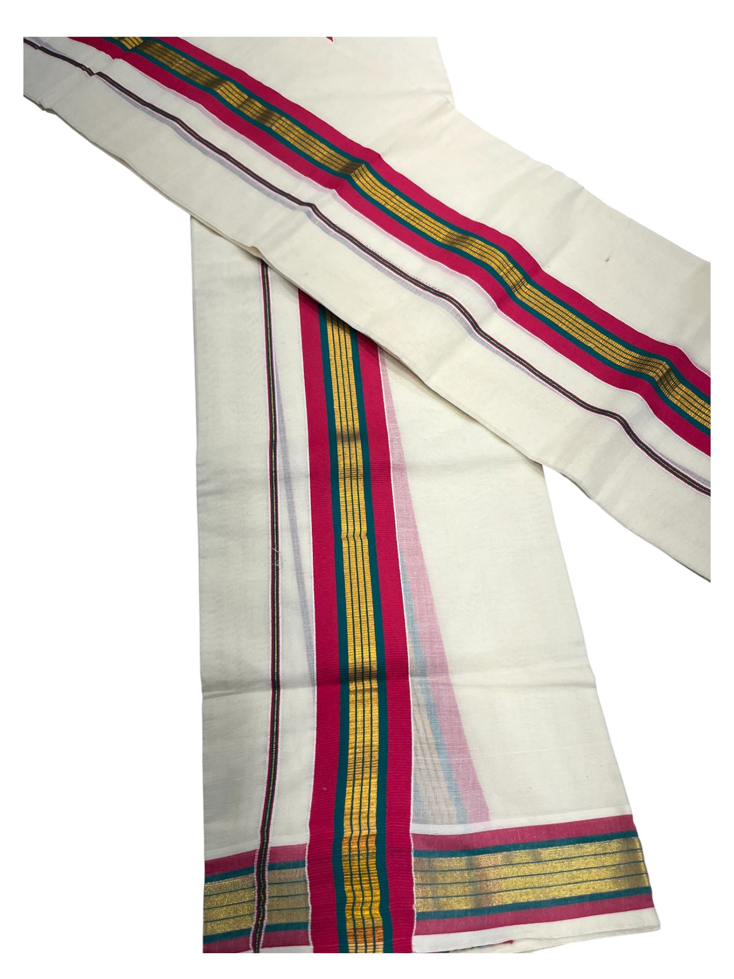 Kerala Cotton Kasavu Set Mundu (Mundum Neriyathum) with Magenta and Green Border 2.80 Mtrs