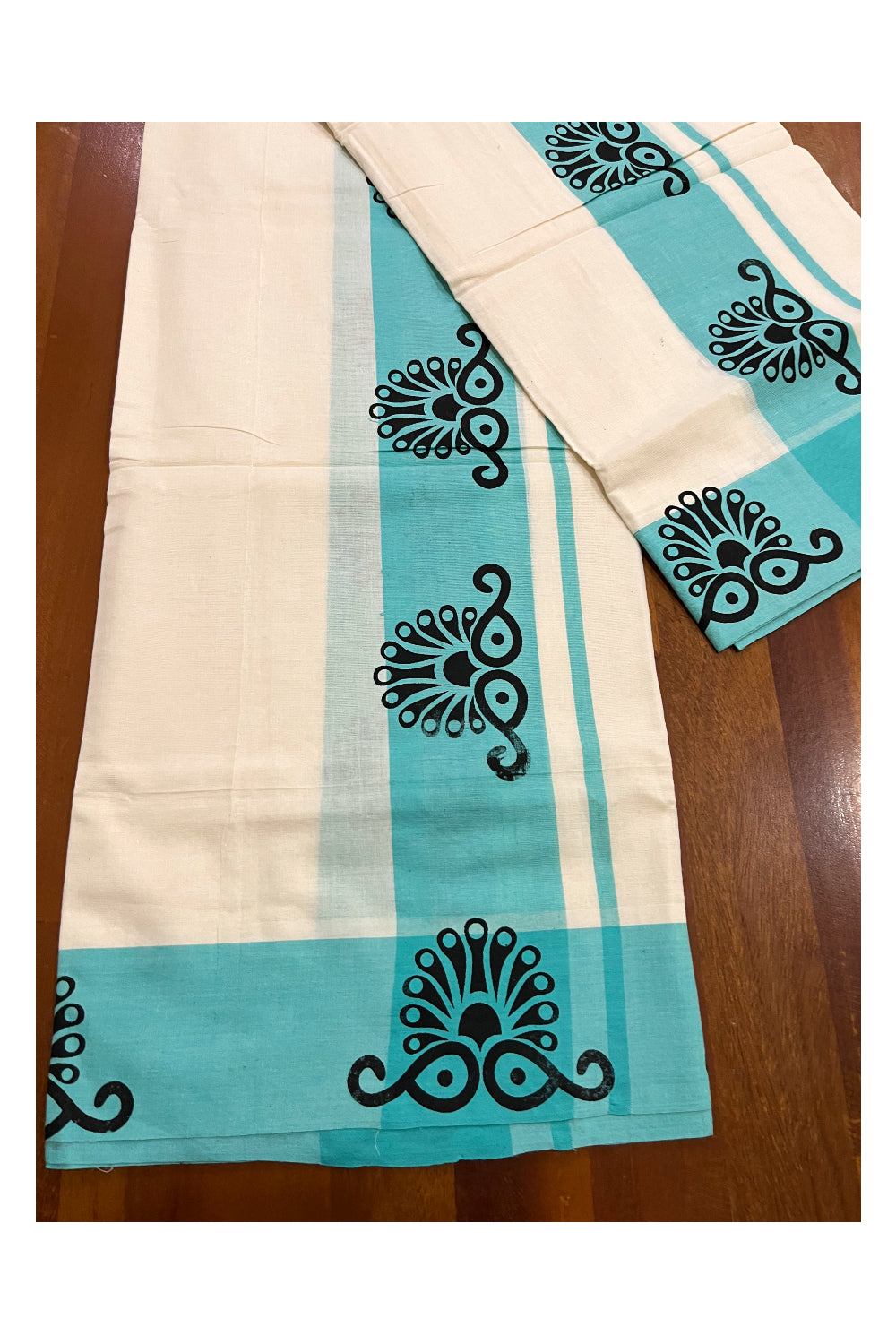 Kerala Pure Cotton Set Mundu (Mundum Neriyathum) with Block Printed Turquoise Border (Onam Set Mundu 2023)