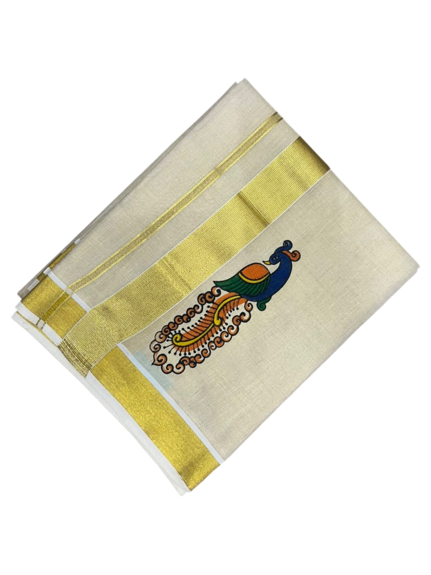 Southloom Kerala Tissue Double Mundu with Peacock Design and Gold Kasavu Border  (South Indian Dhoti) SL612