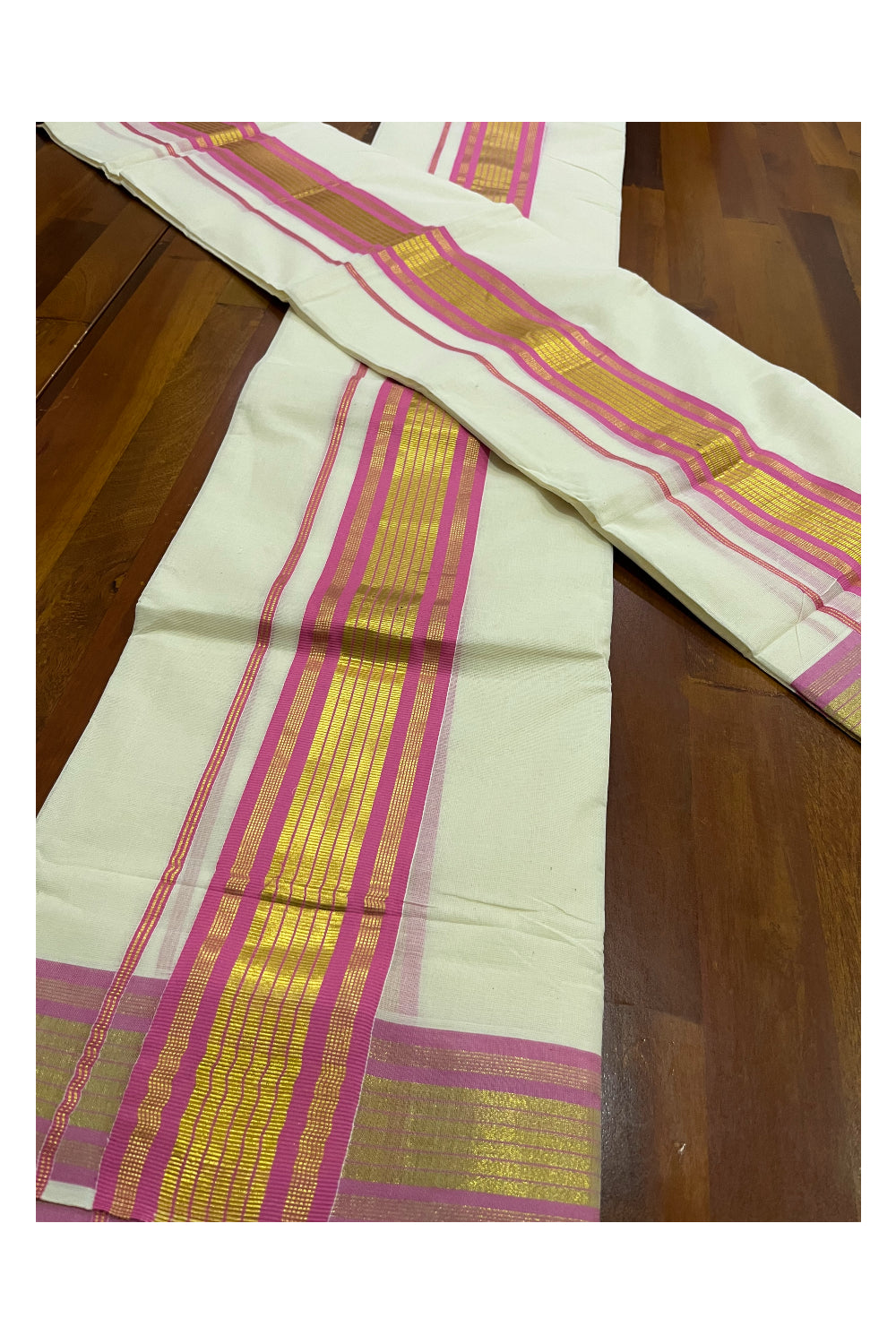 Pure Cotton Mundum Neriyathum Double (Set Mundu) with Pink and Kasavu Border 2.80 Mtrs