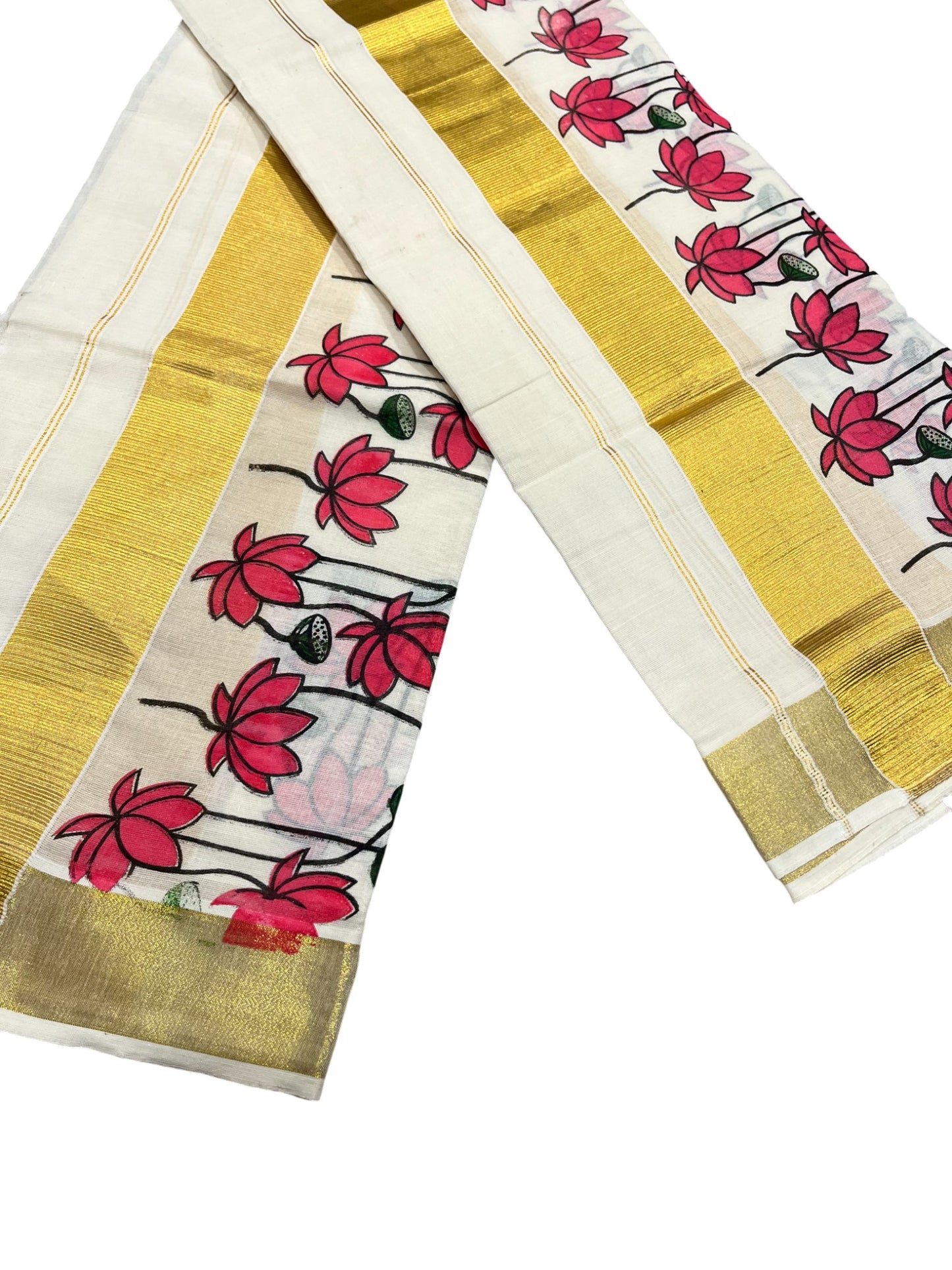 Southloom Kerala Cotton Single Set Mundu (Mundum Neriyathum) with Pink Floral Block Printed Design 2.80Mtrs