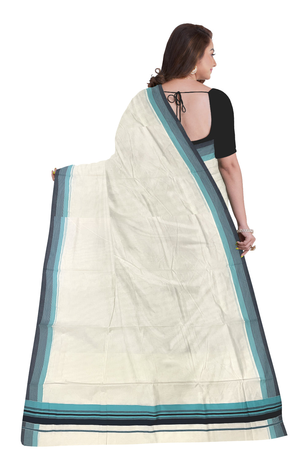 Pure Cotton Kerala Saree with Plain Black and Turquoise Border