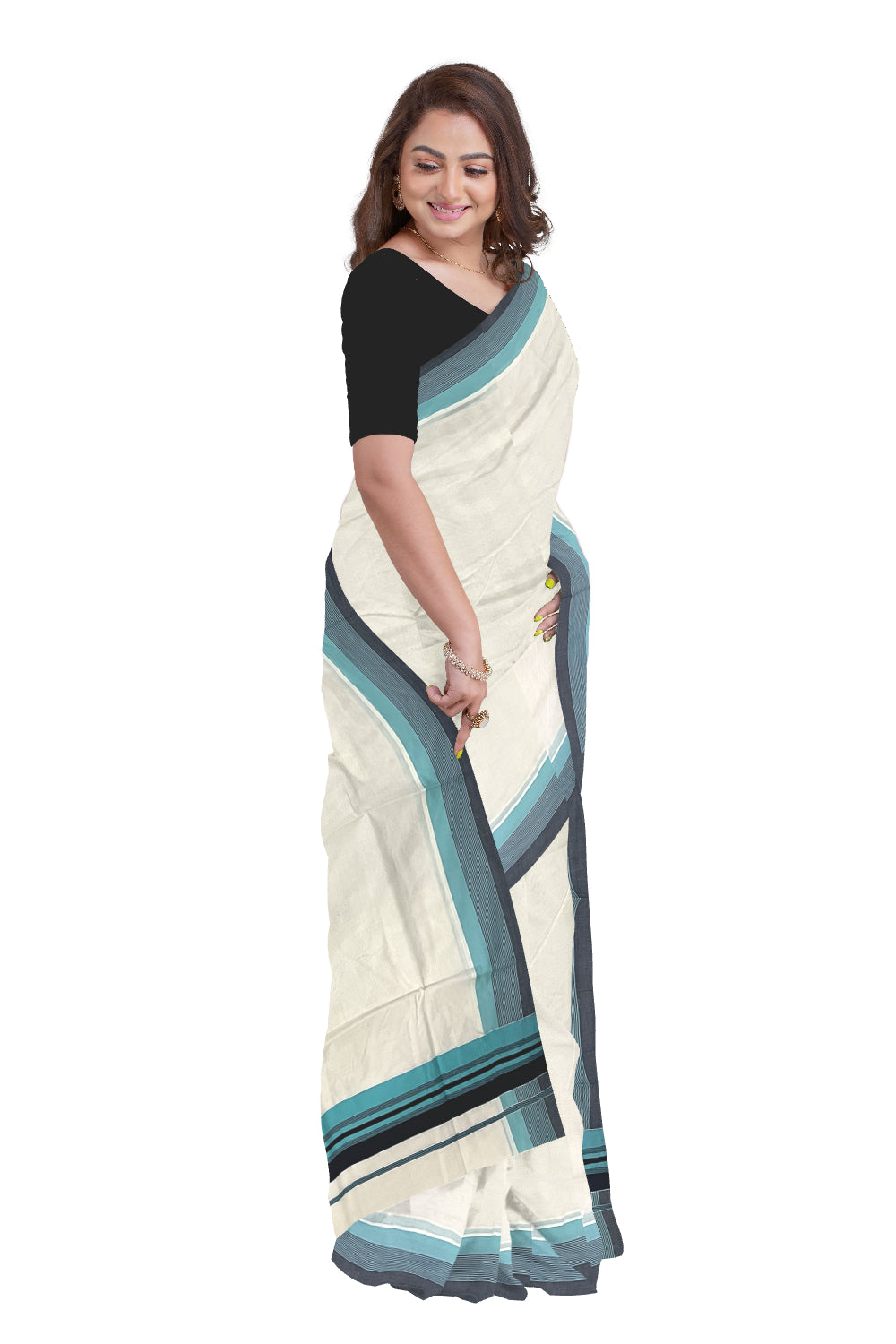 Pure Cotton Kerala Saree with Plain Black and Turquoise Border