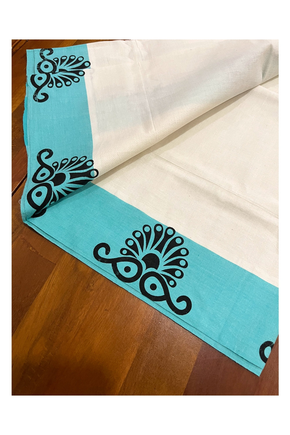 Kerala Pure Cotton Set Mundu (Mundum Neriyathum) with Block Printed Turquoise Border (Onam Set Mundu 2023)