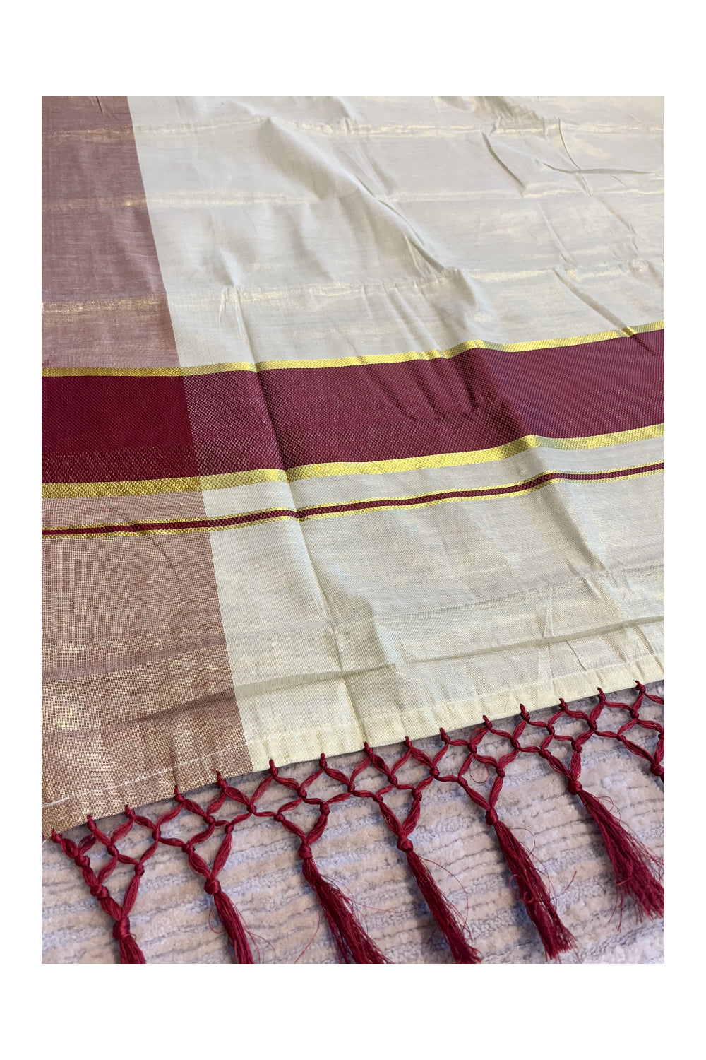 Southloom Tissue  Ready to Wear Kasavu Kerala Saree with Maroon Kara and Blouse Piece