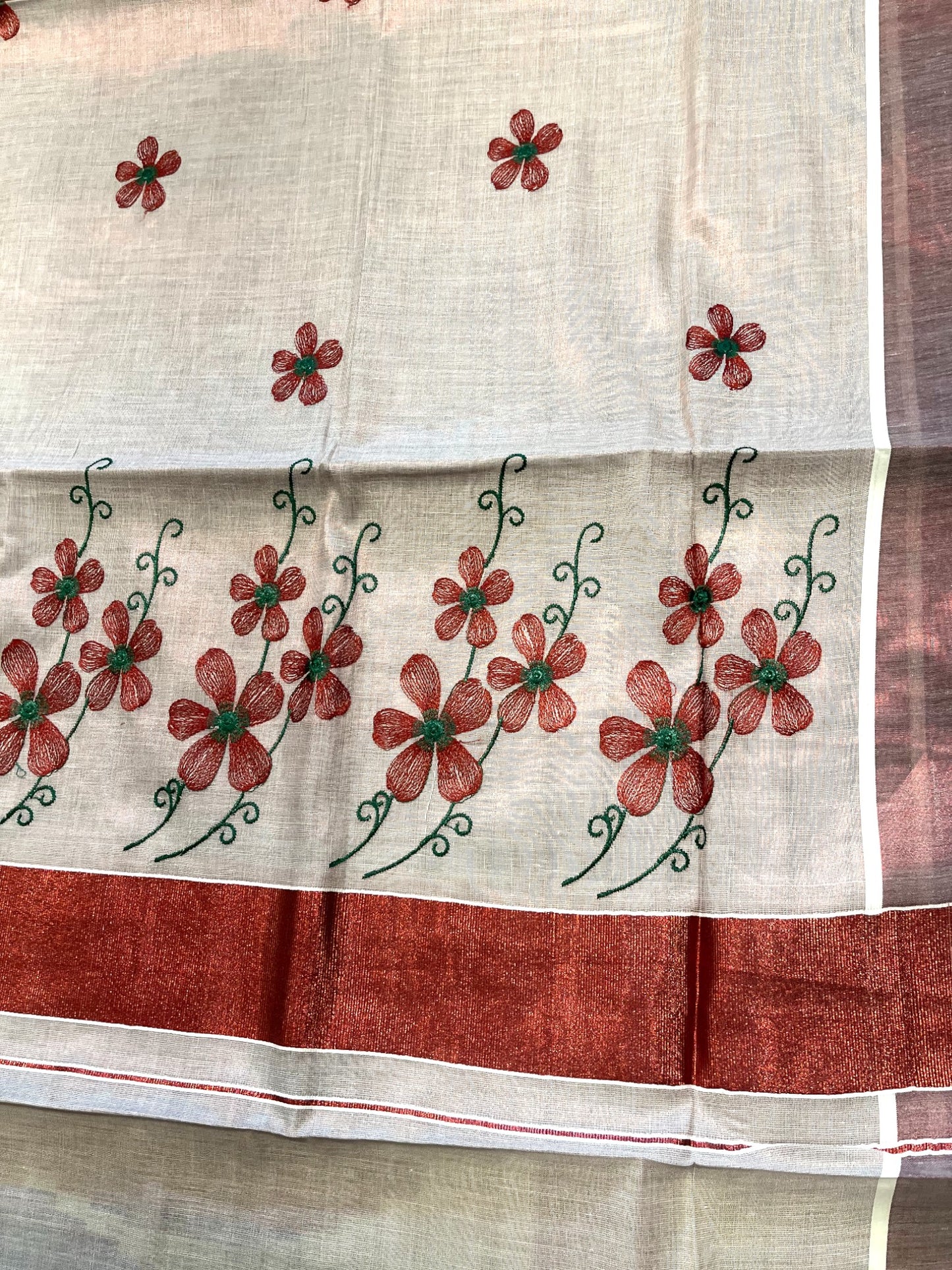 Southloom Kerala Tissue Kasavu Saree with Maroon Floral Embroidery on Body and Border