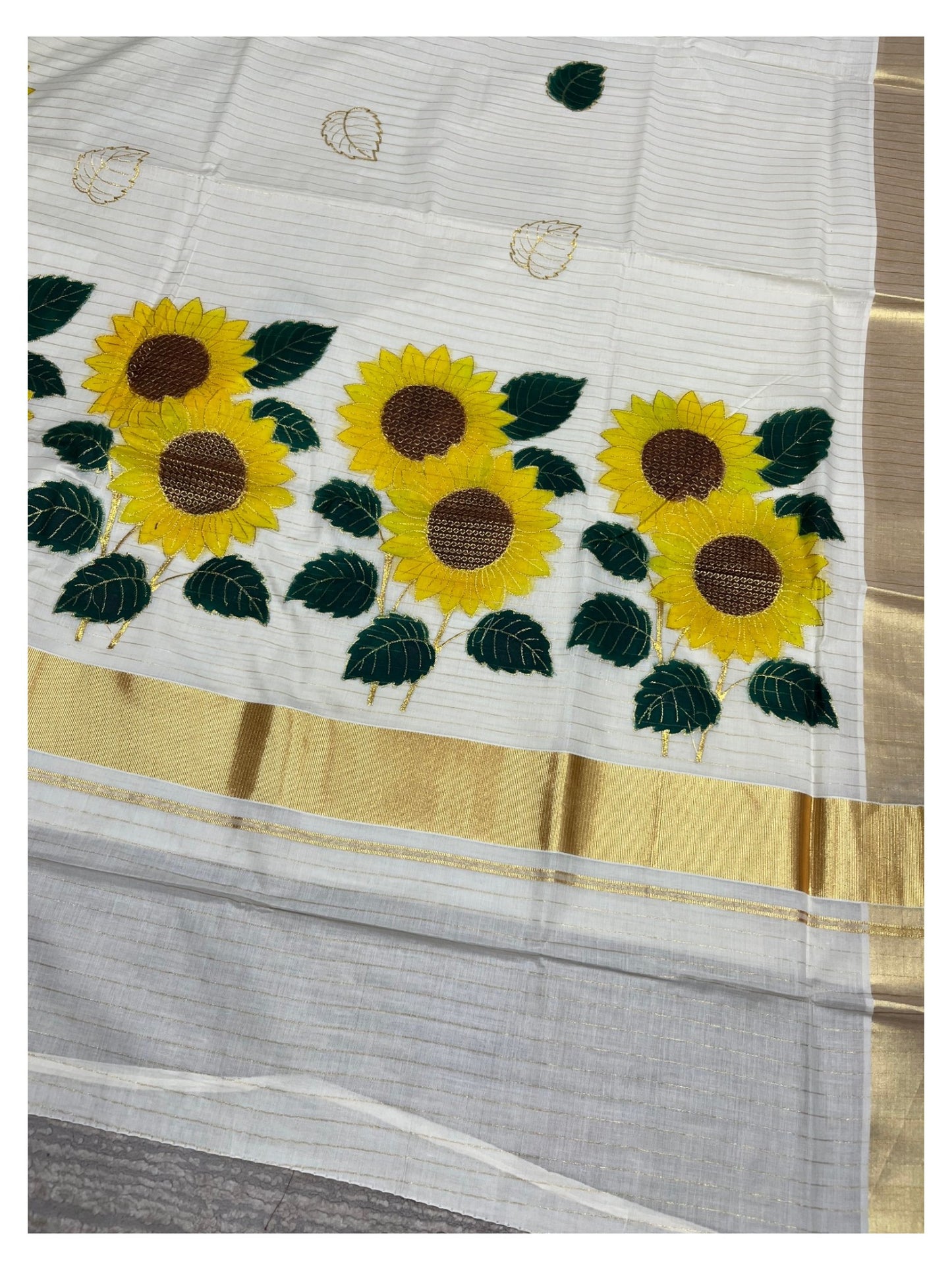 Southloom Kerala Cotton Kasavu Lines Saree with Embroidery Work in Yellow Floral Print