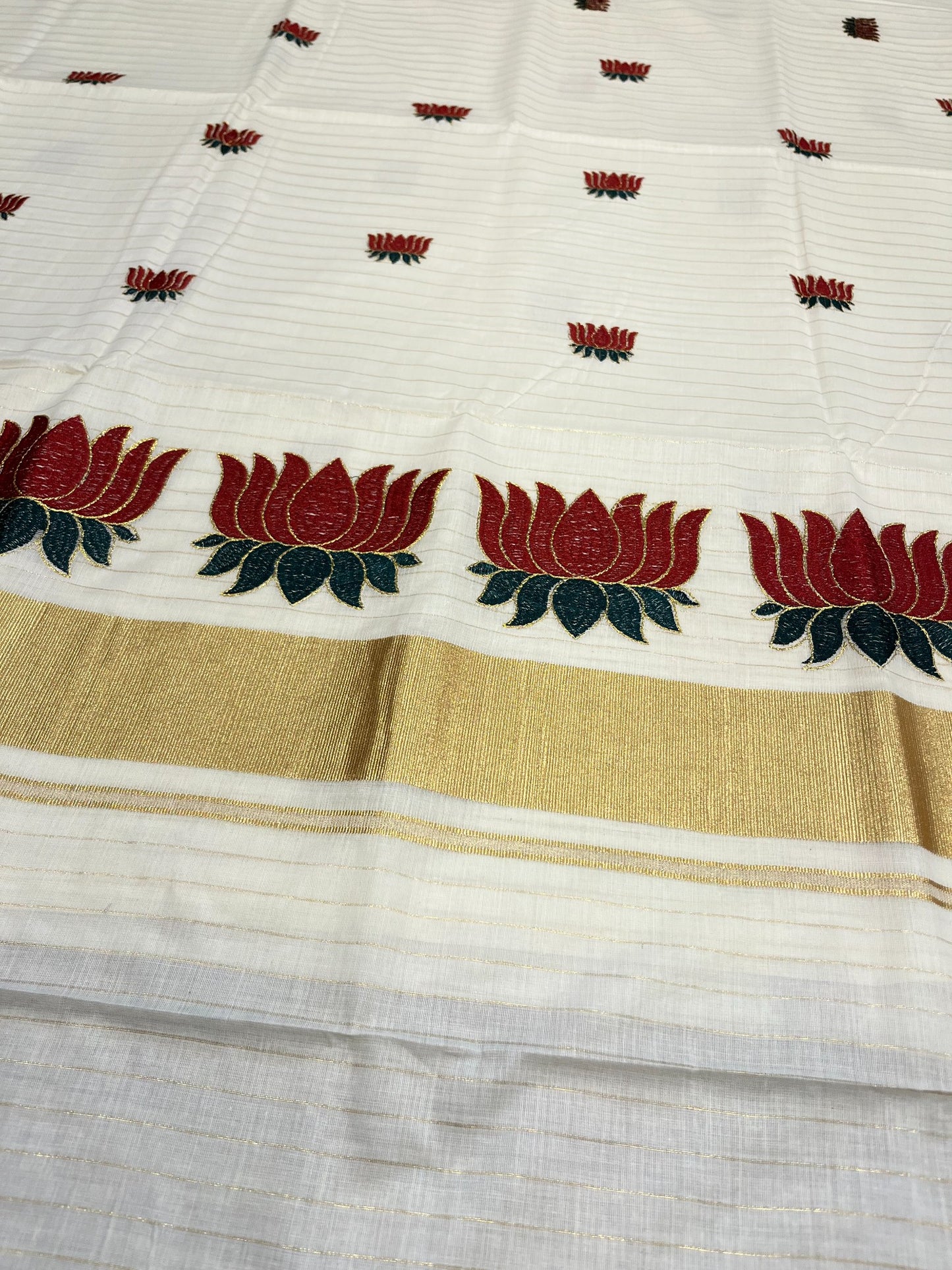 Southloom Kerala Cotton Kasavu Line Saree with Maroon Lotus Embroidery Works