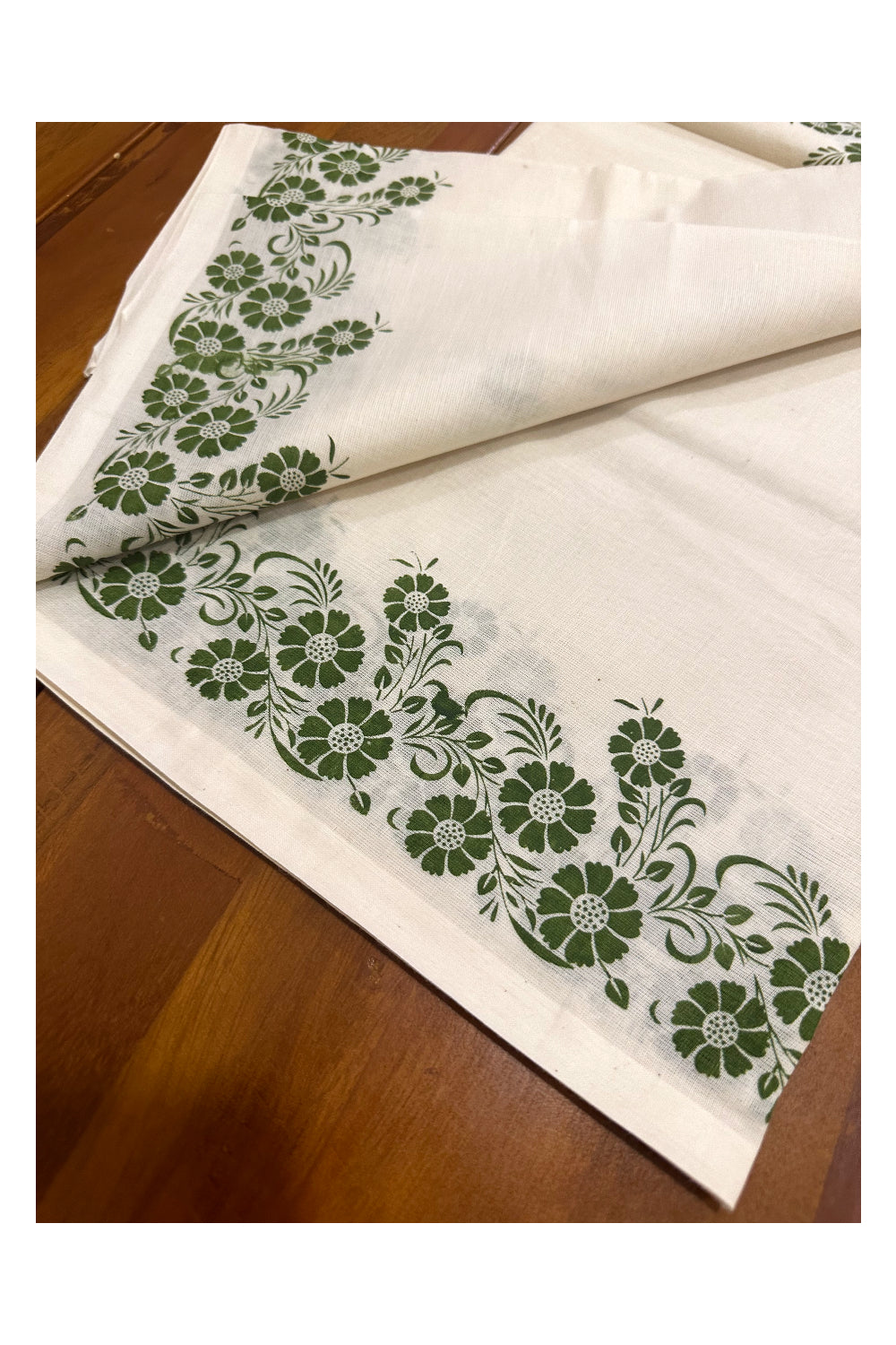 Kerala Cotton Set Mundu (Mundum Neriyathum) with Green Floral Block Printed Border (Onam Set Mundu 2023)