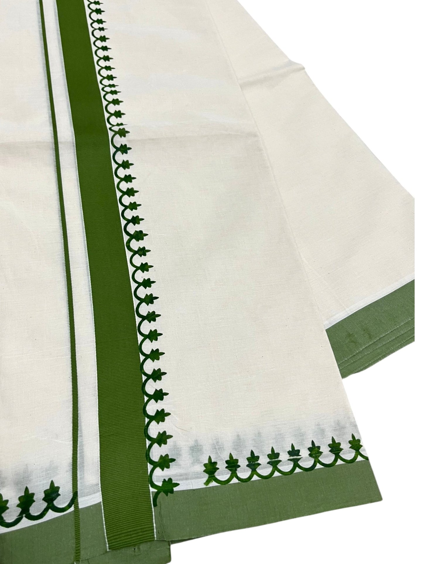 Southloom Kerala Cotton Green Kara Printed Double Mundu (South Indian Kerala Dhoti) SL567