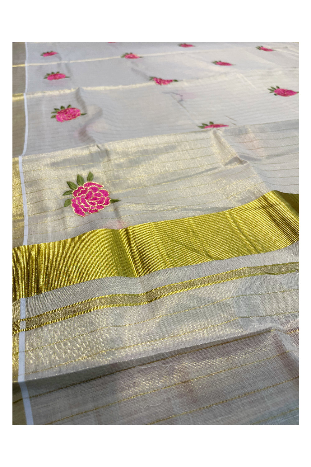 Southloom Kerala Tissue Kasavu Lines Saree with Pink Floral Embroidery Works