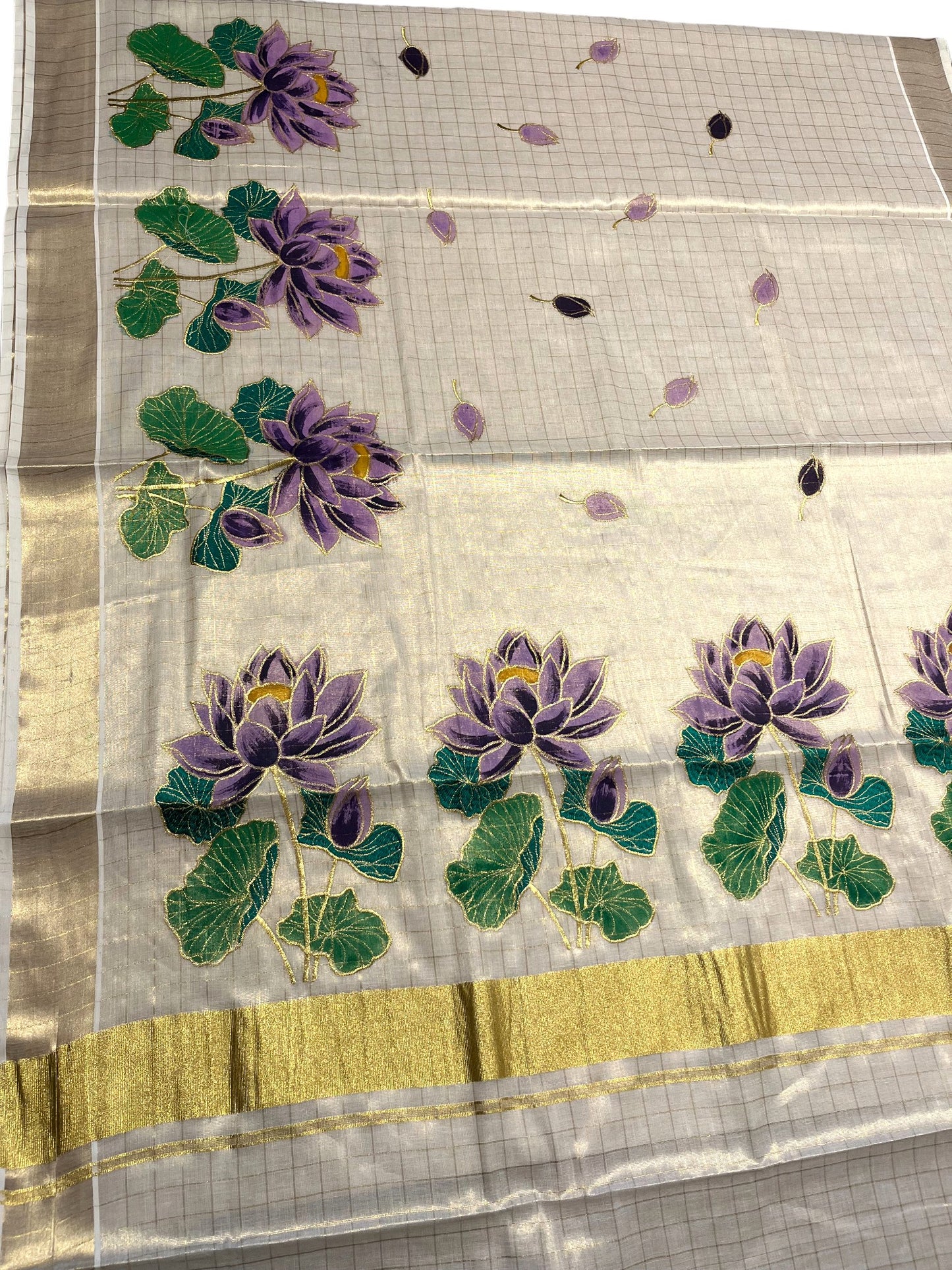 Southloom Tissue Check Kerala Kasavu Saree with Hand Painted Embroidery Violet Lotus Design
