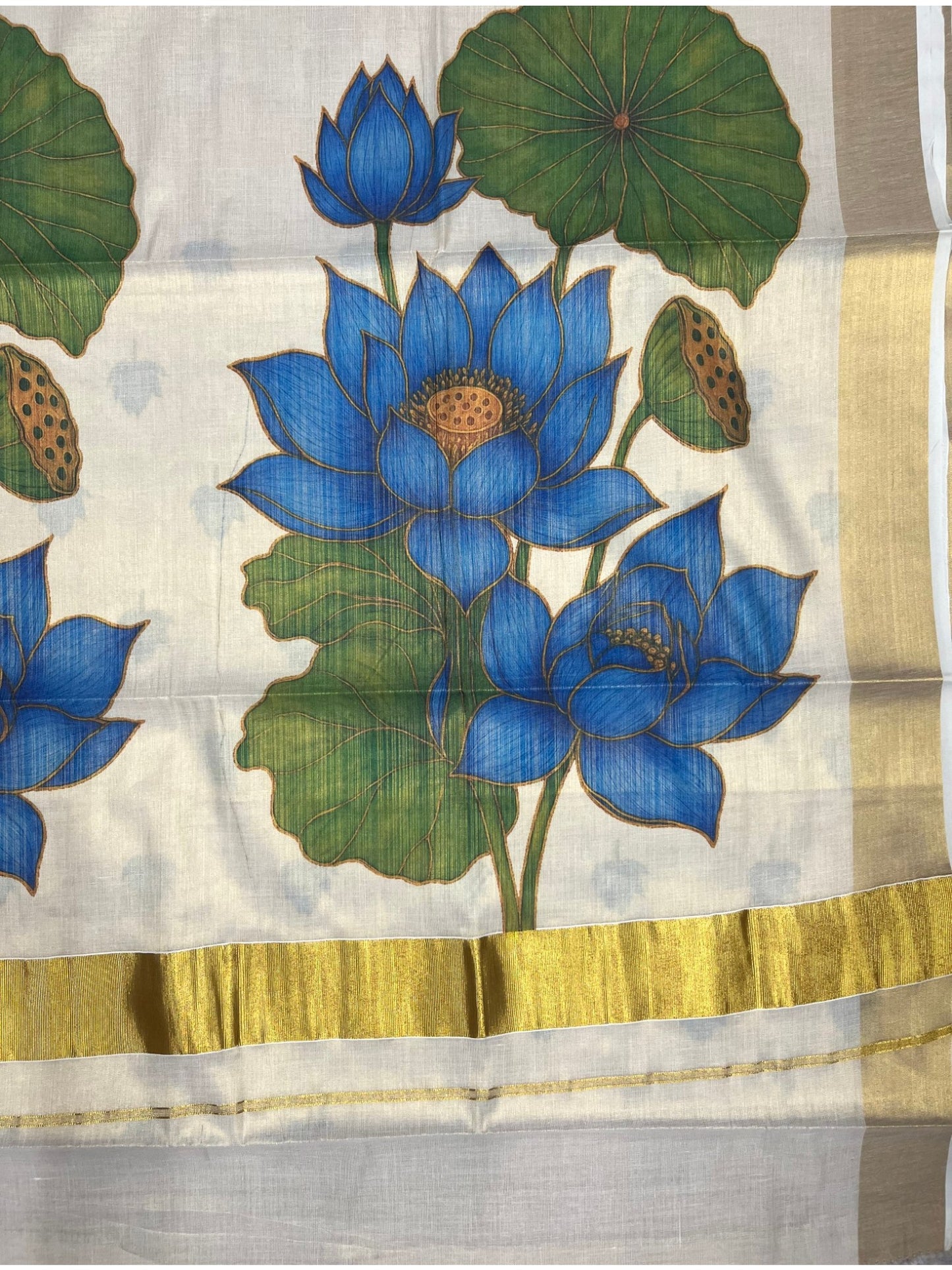 Southloom Kerala Tissue Kasavu Saree with  Blue Lotus Digital Prints on Border