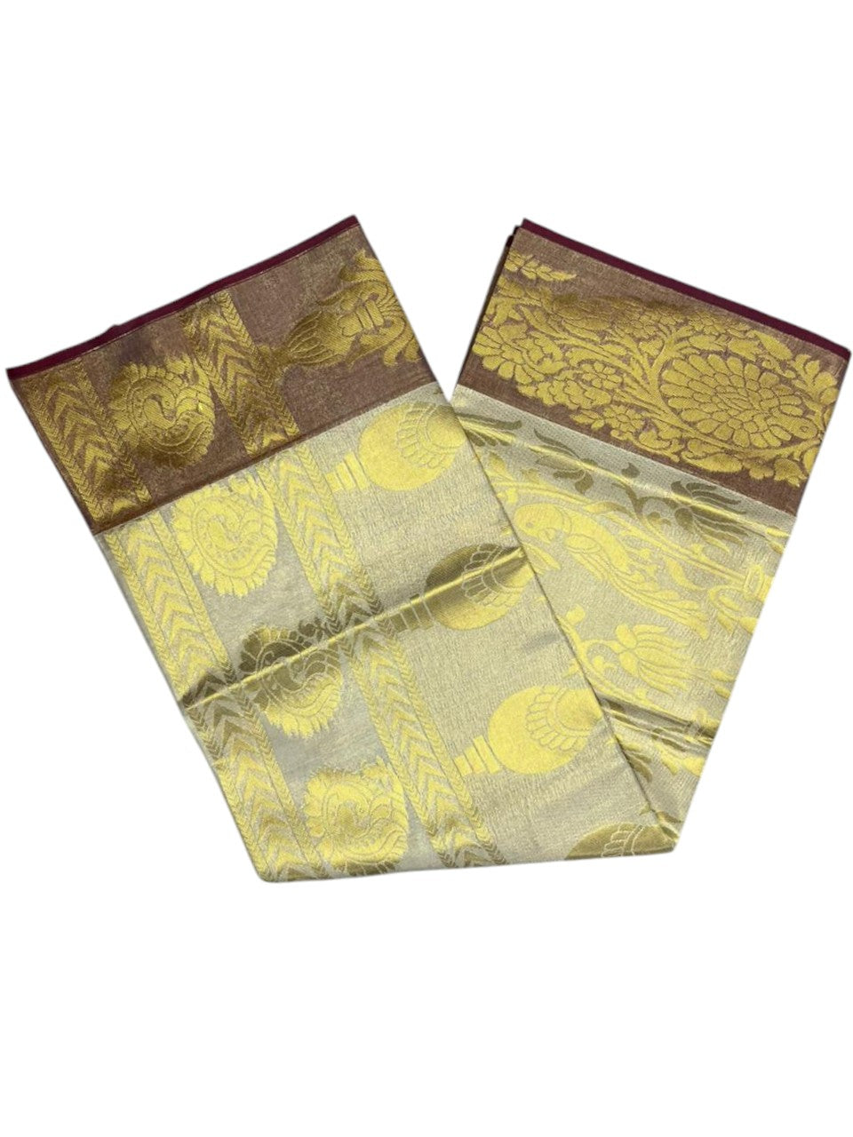 Southloom  Kerala Tissue Kasavu Heavy Work Saree with Peacock Design And Maroon Border SL483