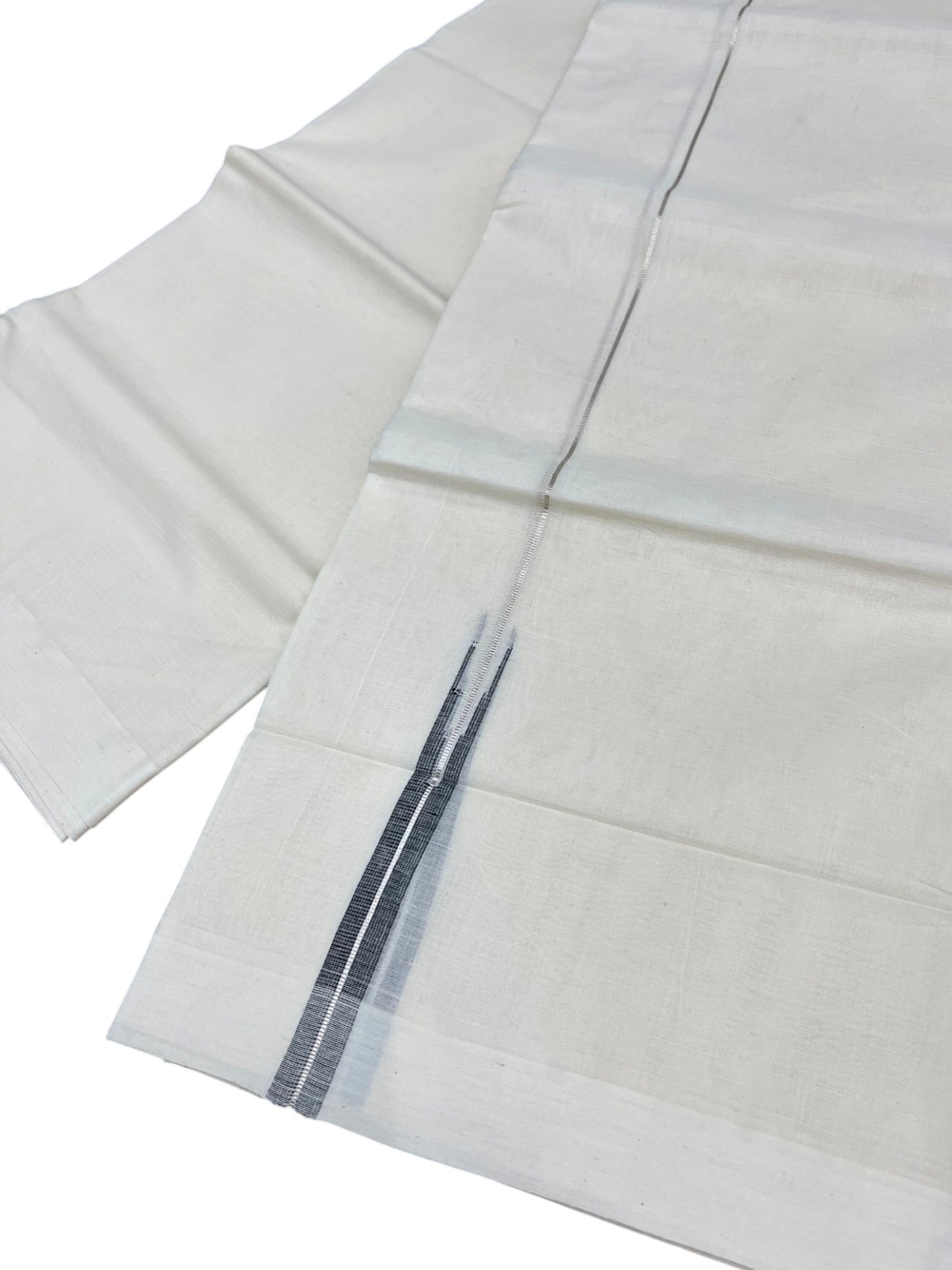Kerala Pure Cotton Double Mundu with Silver And Black Chutti Kara (South Indian Kerala Dhoti)