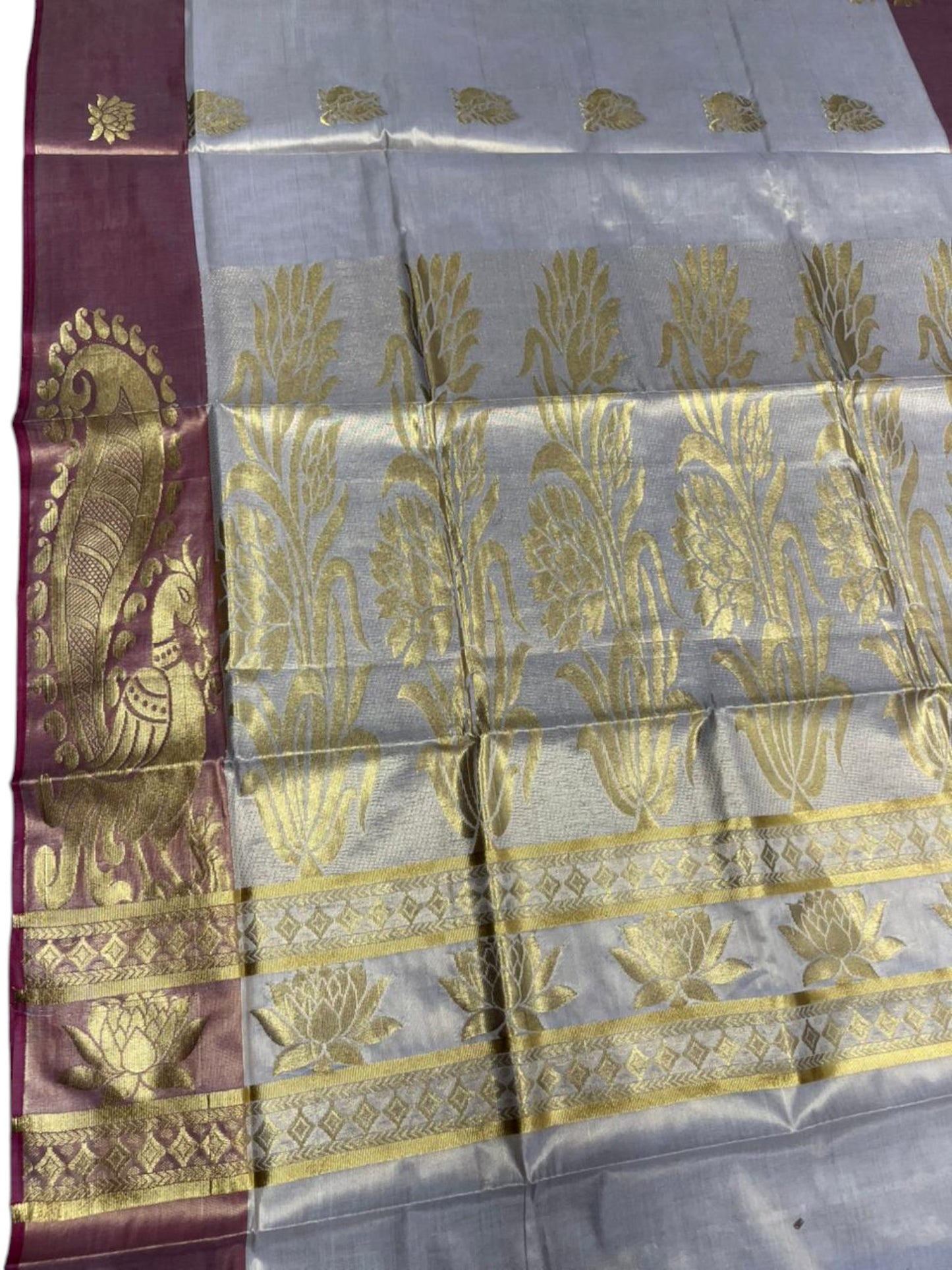 Southloom  Kerala Tissue Kasavu Heavy Work Saree with Peacock Design And Red Border SL483