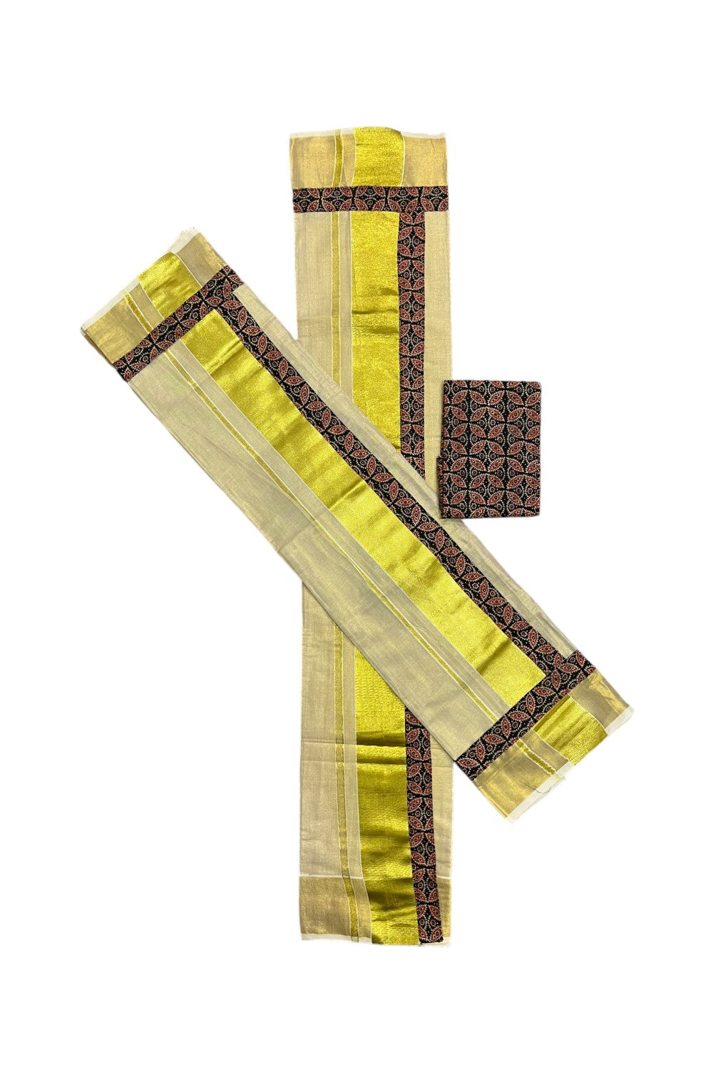 Kerala Tissue Single Set Mundu (Mundum Neriyathum) with Kalamkari Border and Matching Blouse Piece