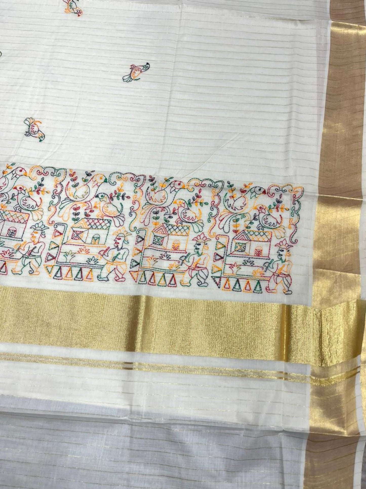 Southloom Cotton Kerala Kasavu Lines Saree with Kantha Embroidery Work on Body SL322