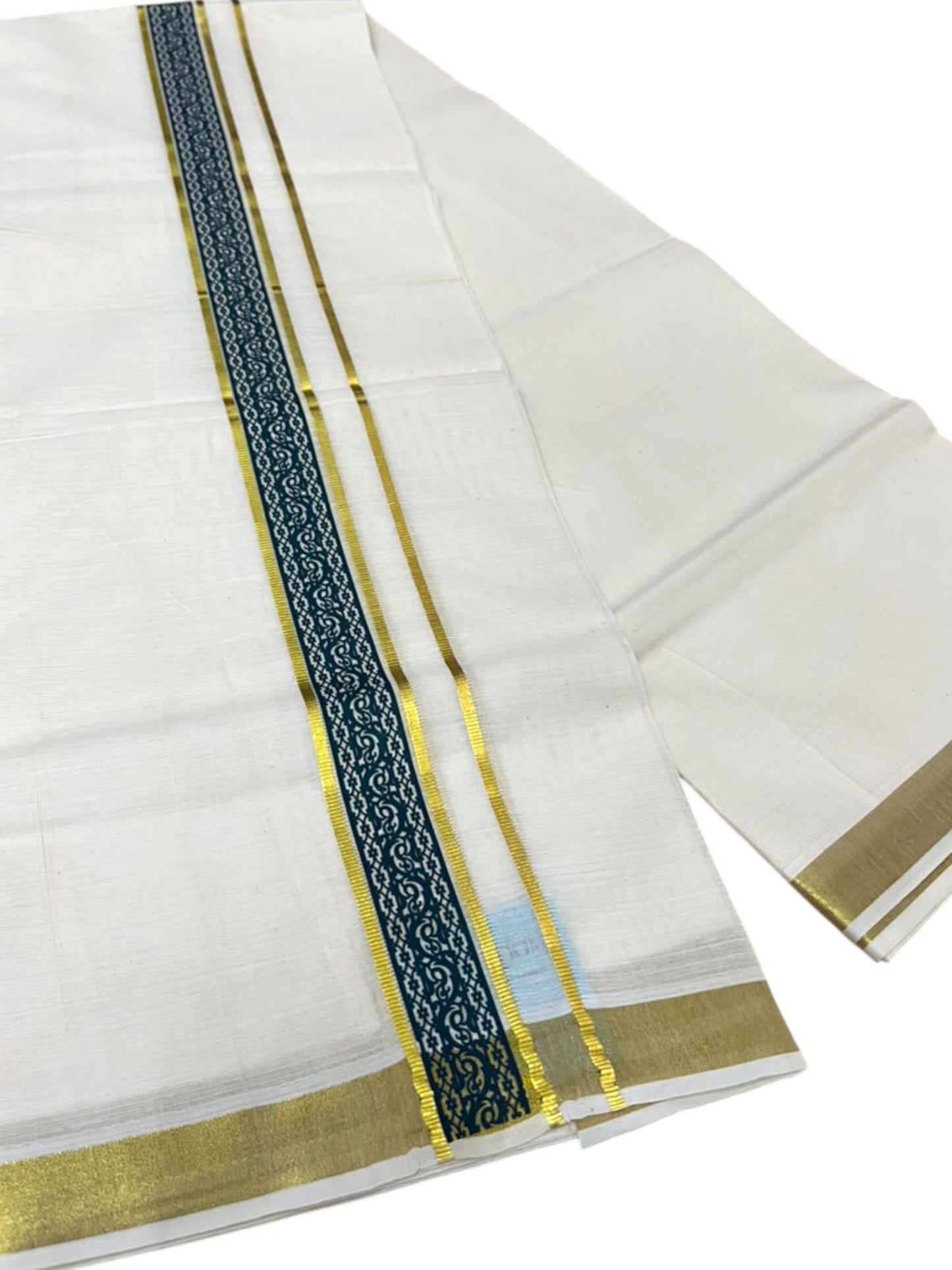 Southloom Pure Cotton Double Mundu with Green Block Printed And Ksavu Border (South Indian Kerala Dhoti)