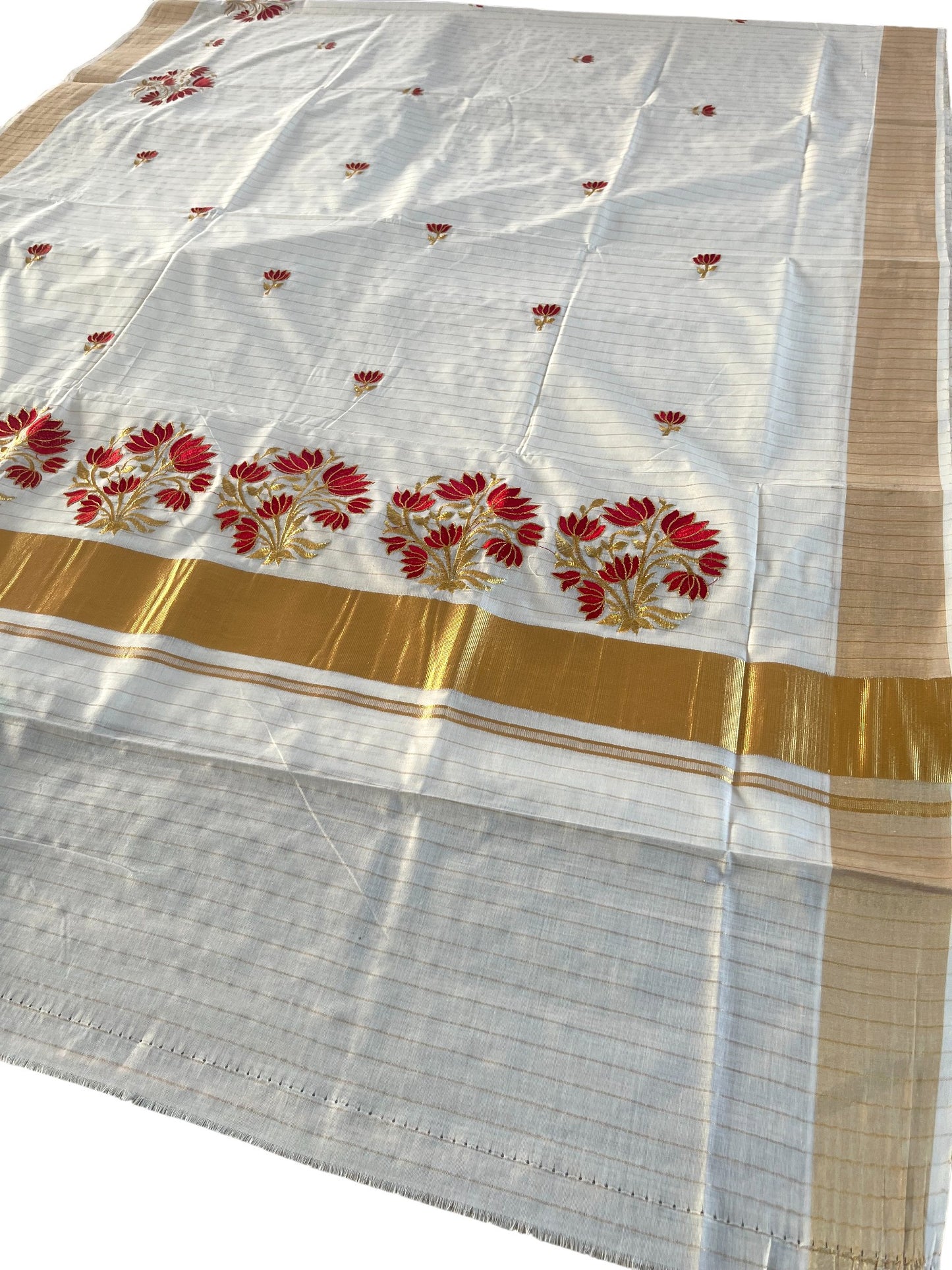 Southloom Kerala Cotton Stripes Kasavu Saree With Gold & Red Embroidery Work On Body