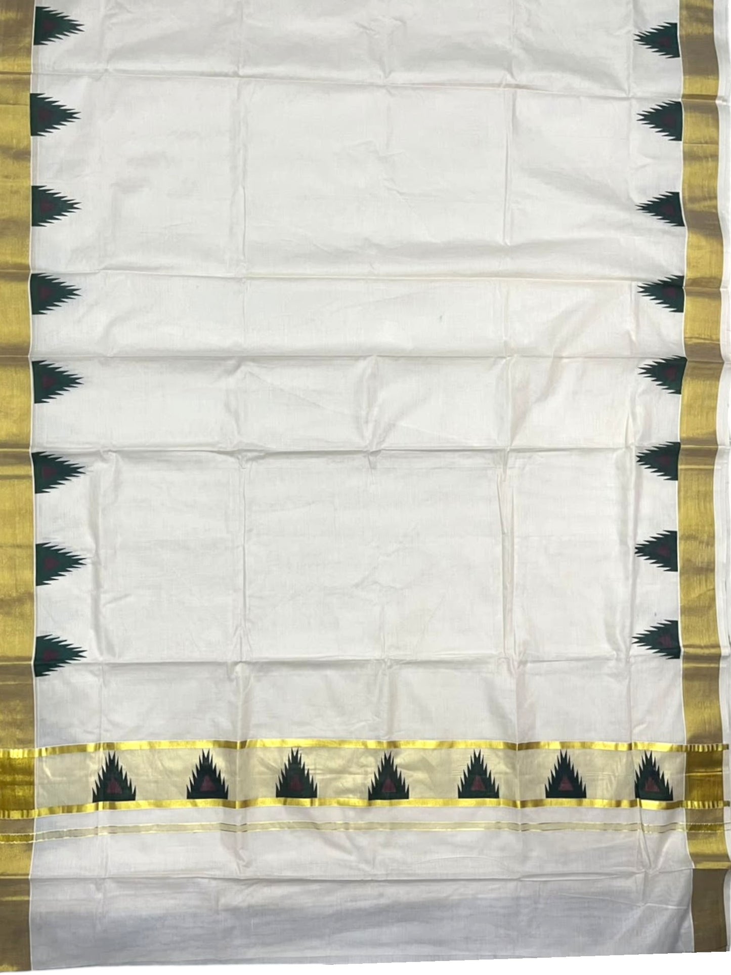 Southloom Cotton Kerala Kasavu Saree with Temple Digital Print In Green and Maroon Borders SL369
