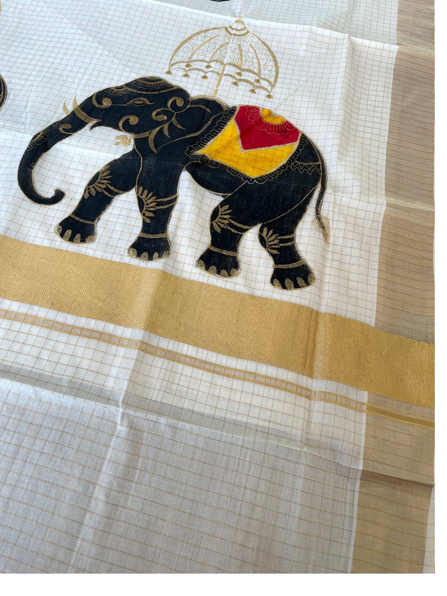 Southloom Kerala Cotton Kasavu Check Saree with Elephant Handpainted and Embroidery Work