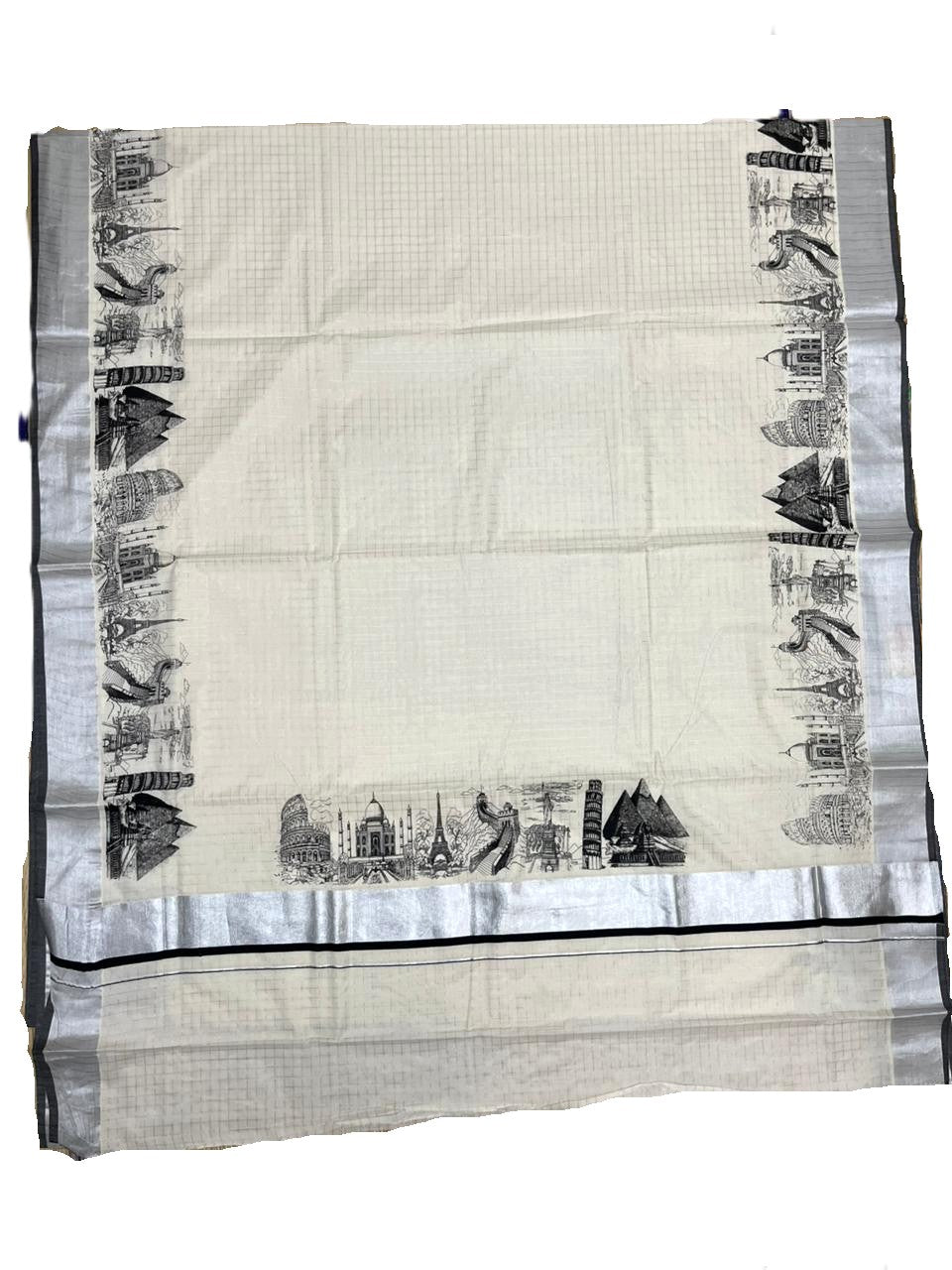 Southloom Silver Check Saree with Black Border and Digital Prints SL461