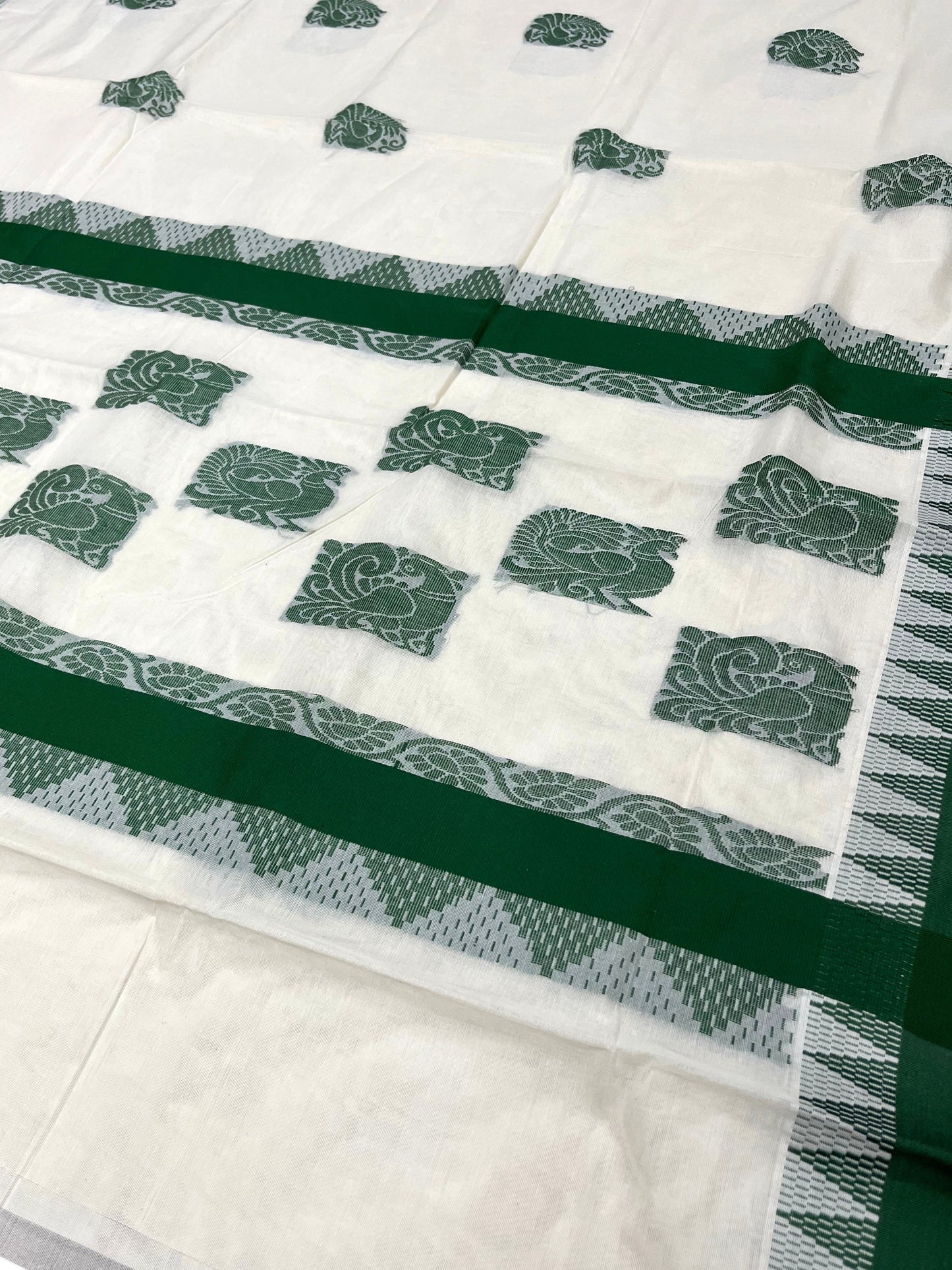 Southloom Pure Cotton Kerala Saree with Green Heavy Woven Designs and Temple Border