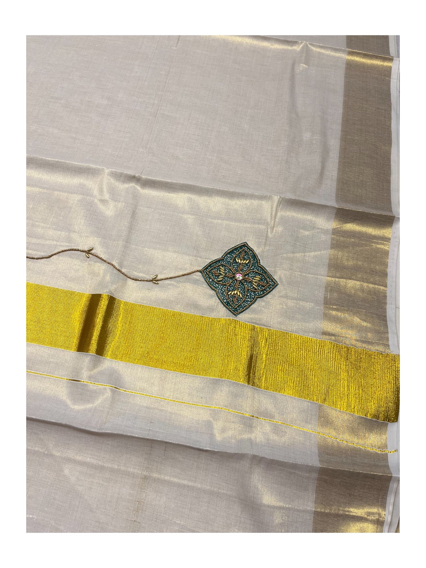 Kerala Tissue Kasavu Saree with Floral Embroidery and Sequins Work on Body