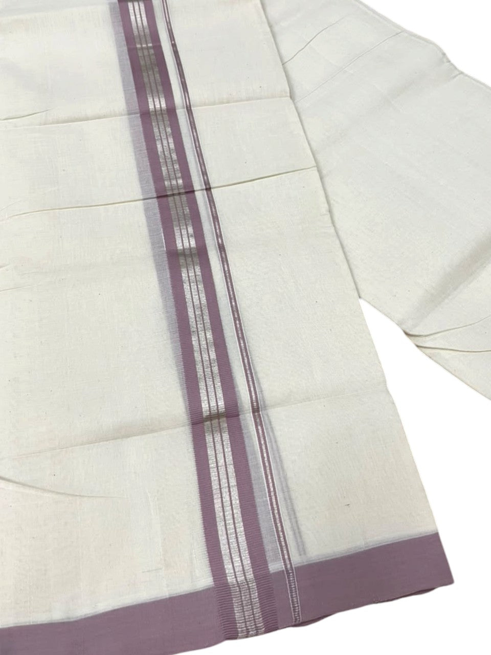 Southloom Pure Cotton Mundu with Siver Lines and Lavendar Border (South Indian Kerala Dhoti)