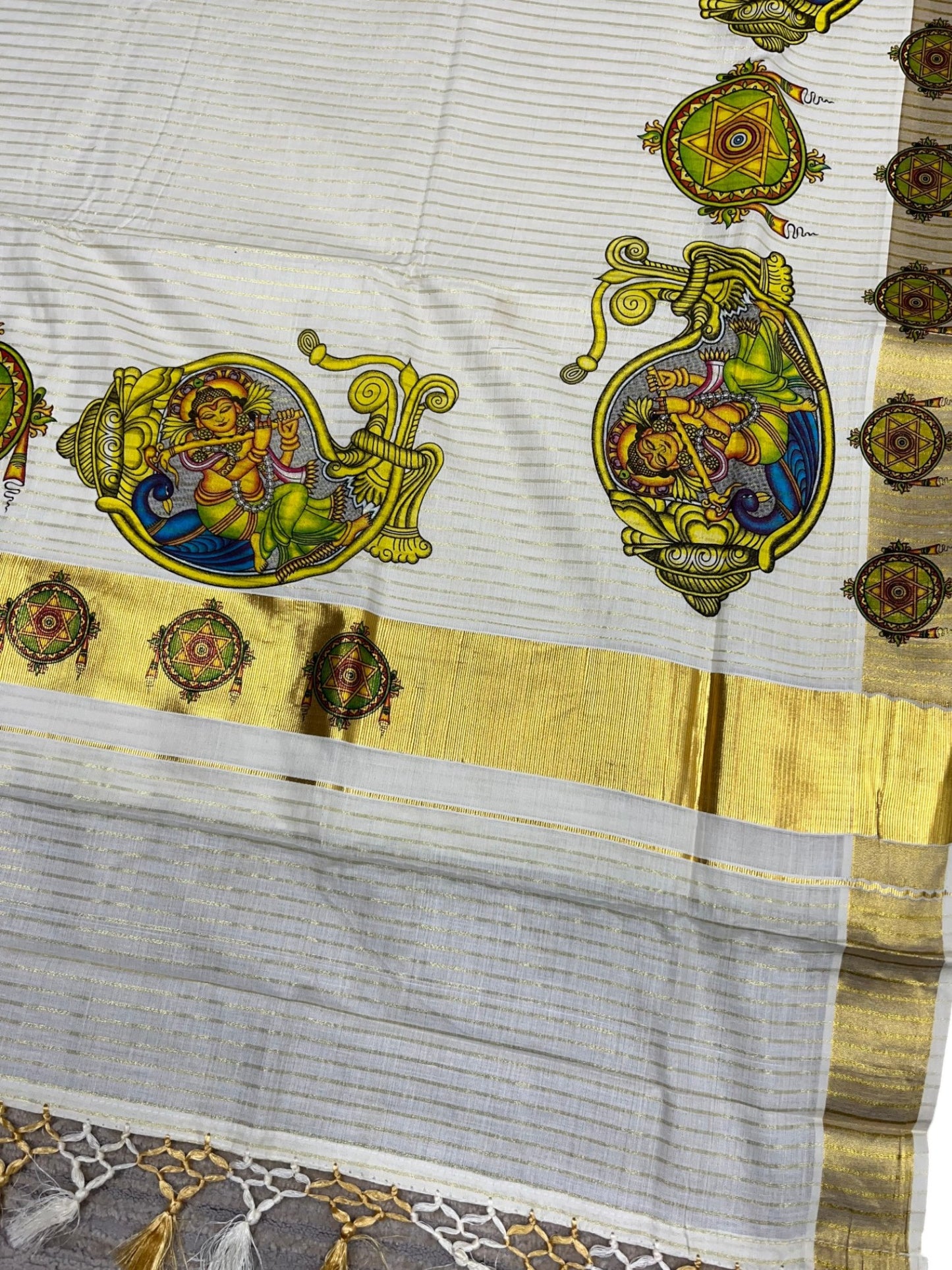 Southloom Pure Cotton Kerala Kasavu Lines Saree with Krishna Mural Printed Art Design and Printed Border