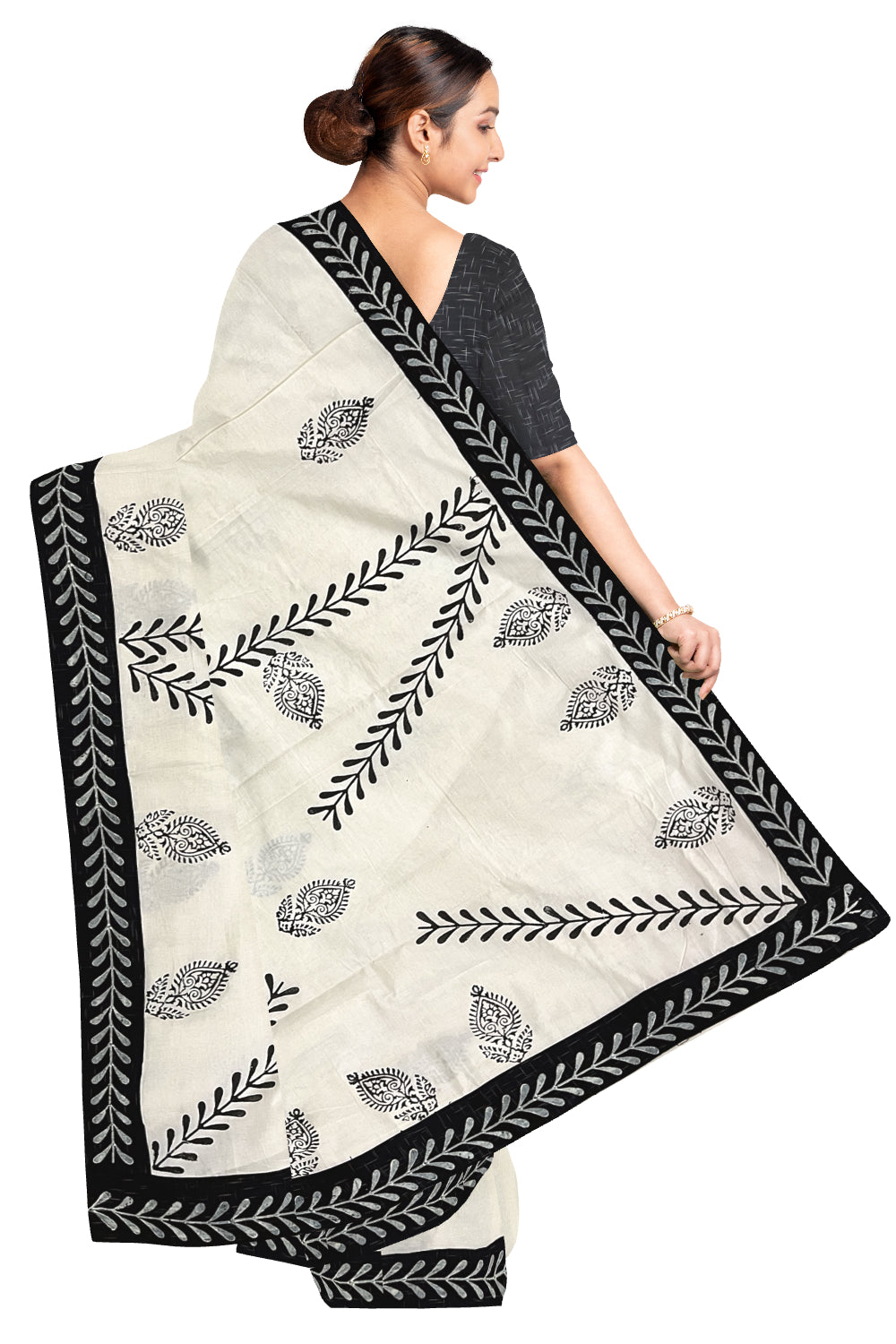 Pure Cotton Onam 2023 Kerala Saree with Hand Block Black Batik Prints