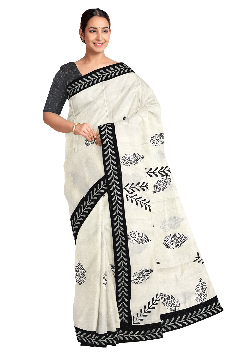 Pure Cotton Onam 2023 Kerala Saree with Hand Block Black Batik Prints