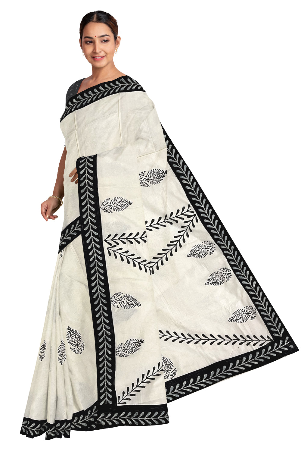 Pure Cotton Onam 2023 Kerala Saree with Hand Block Black Batik Prints